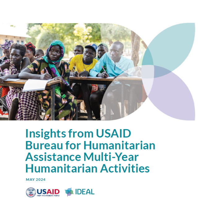 Cover page for Insights for USAID Bureau for Humanitarian Assistance Multi-Year Humanitarian Activities; includes the title, an image of men and women writing at tables in class, and the USAID and IDEAL logos.