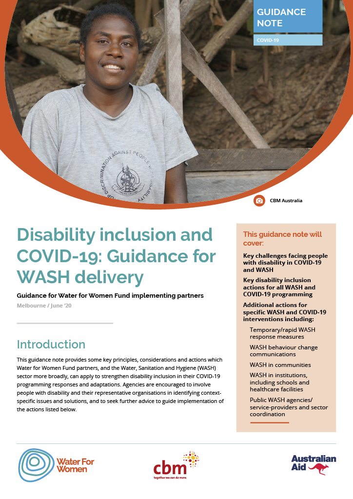 Title page of the guidance note. At the top is a large photo of a woman wearing a t-shirt that says "Stop Discrimination Against People with Disability." Below the photo is the title of the document and the start of the introduction text. To the right is a box containing the table of contents. At the bottom are the logos for Water for Women, CBM, and Australian Aid. 
