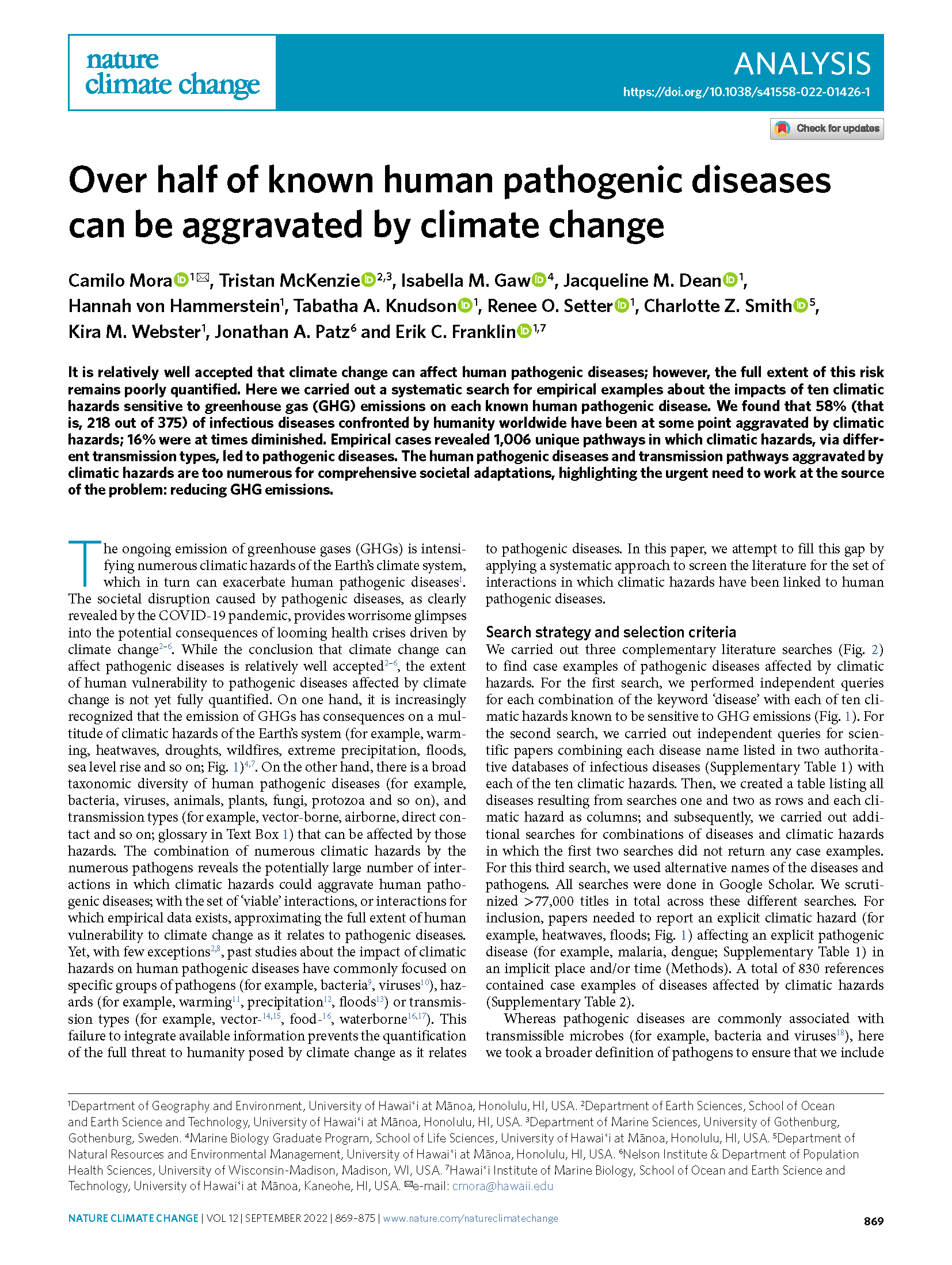 Cover page for Over Half of Known Human Pathogenic Diseases can be Aggravated by Climate Change