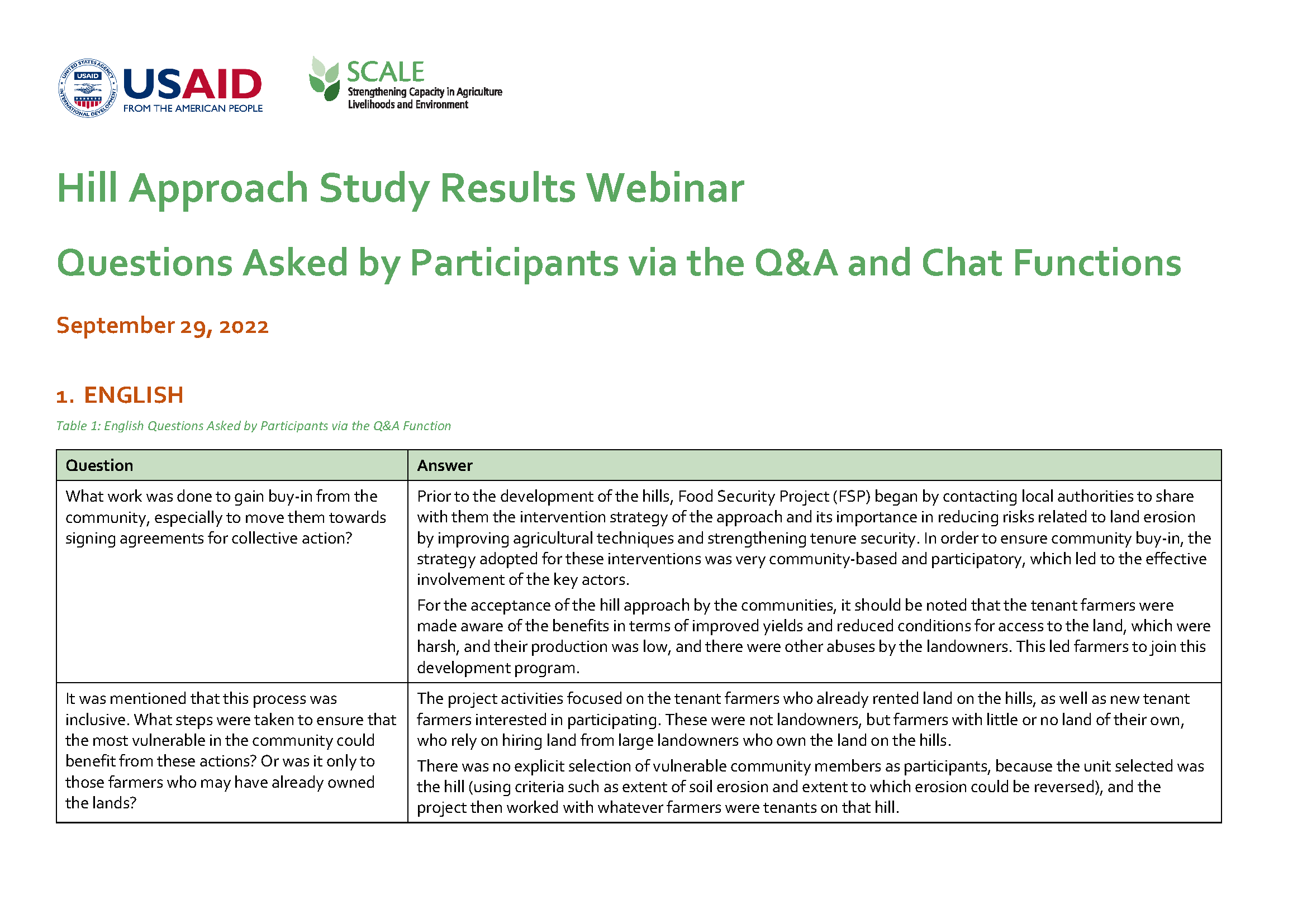 Cover page for Hill Approach Study Results Webinar: Questions Asked by Participants via the Q&A and Chat Functions