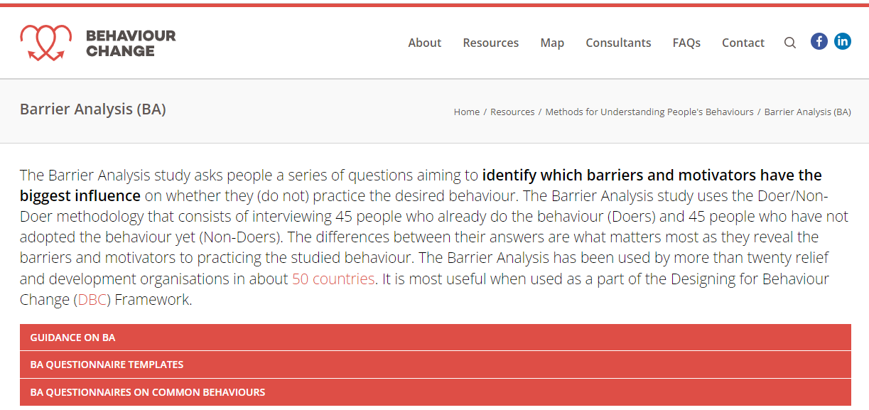 Screenshot of the Barrier Analysis Study landing page