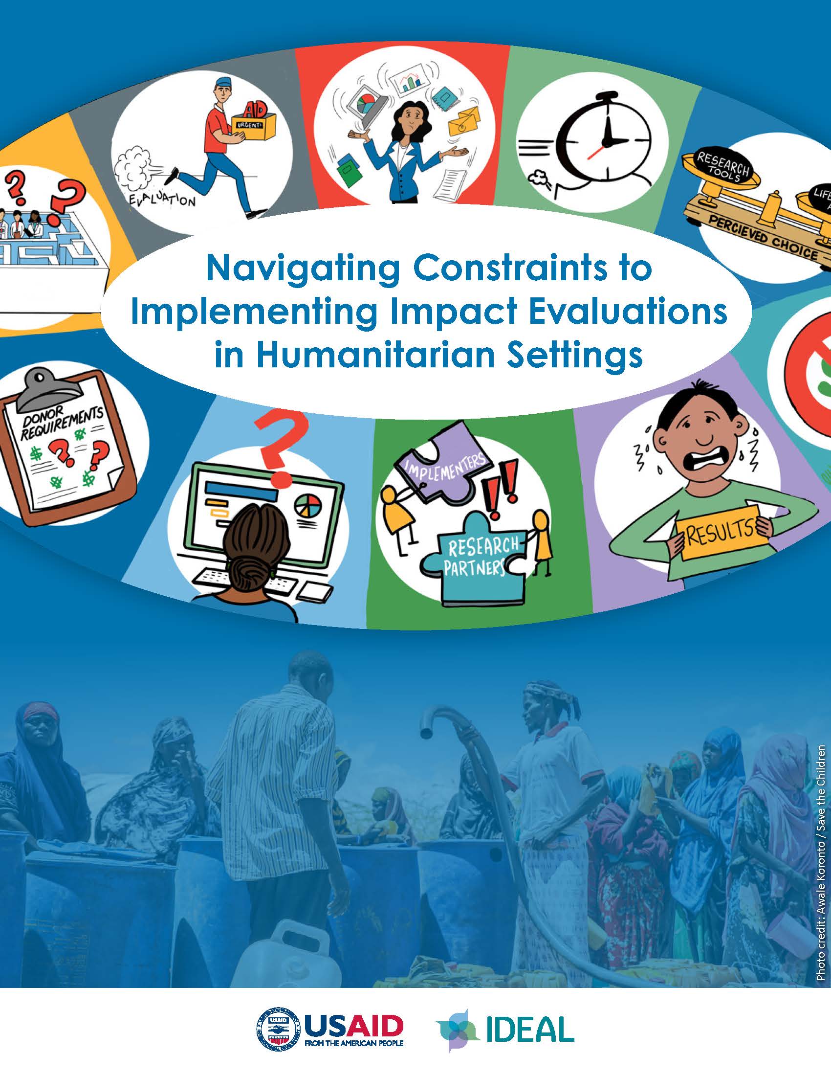 Cover of report shows the title surrounded by graphic illustrations of the ten constraints, overlaying an image of people collecting water 