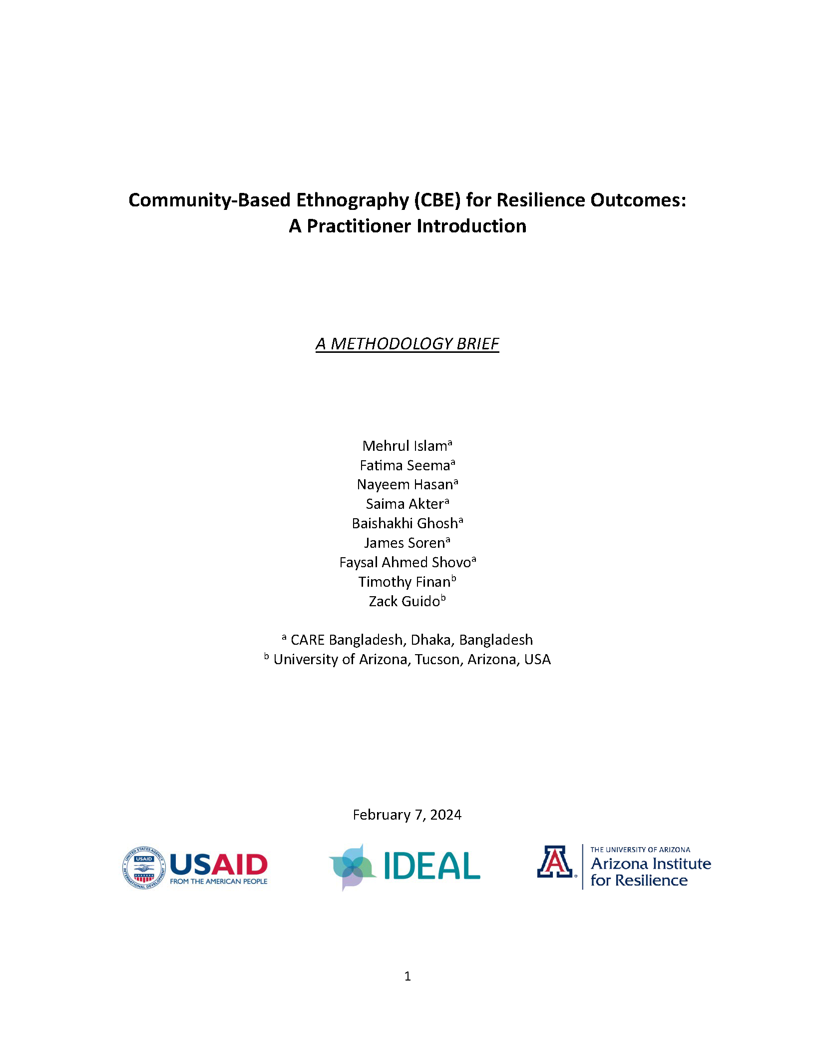 Cover page for Community-Based Ethnography (CBE) for Resilience Outcomes: A Practitioner Introduction