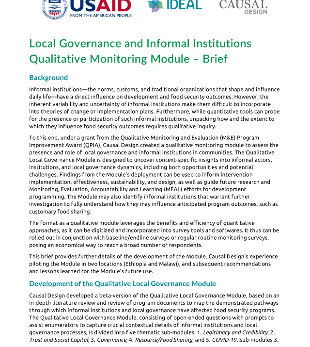 Cover page for Local Governance and Informal Institutions Qualitative Monitoring Module – Brief