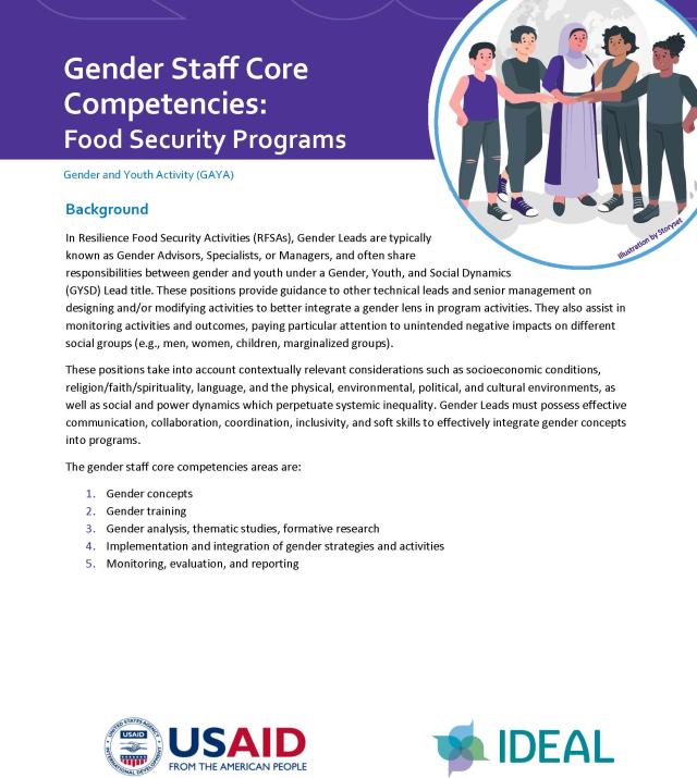 Report cover page, reading "Gender Staff Core Competencies: Food Security Programs" with a graphic of five people standing in front of a globe. The other text on the page is not visible.