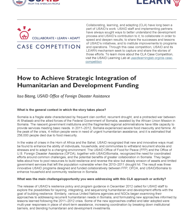 Cover page for How to Achieve Strategic Integration of Humanitarian and Development Funding
