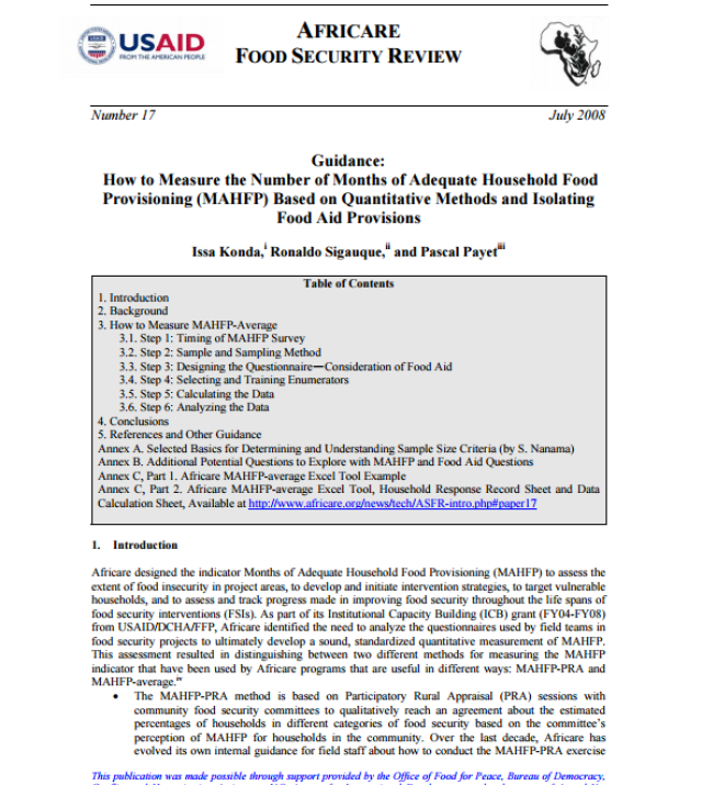 Download Resource: Guidance: How to Measure the Number of Months of Adequate Household Food Provisioning (MAHFP) Based on Quantitative Methods and Isolating