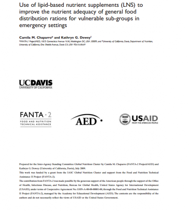 Download Resource: Use of Lipid-Based Nutrient Supplements (LNS) to Improve the Nutrient Adequacy of General Food Distribution Rations for Vulnerable Sub-Groups in Emergency Settings