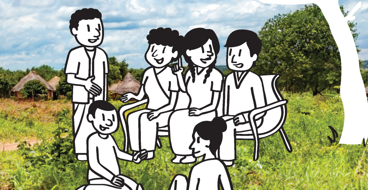 An illustration of a group of people sitting under a tree