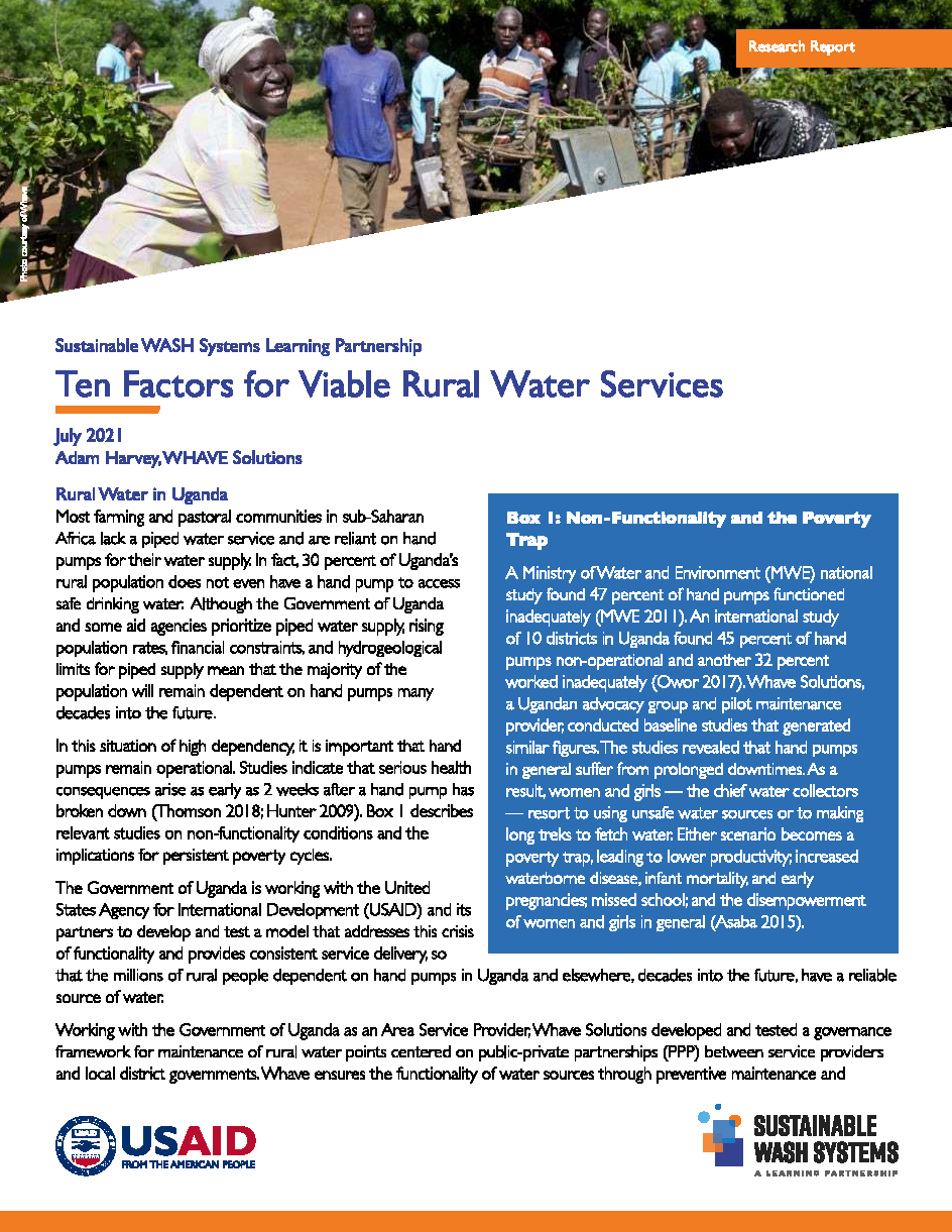 Page de couverture de "Dix facteurs pour des services d'eau ruraux viables".