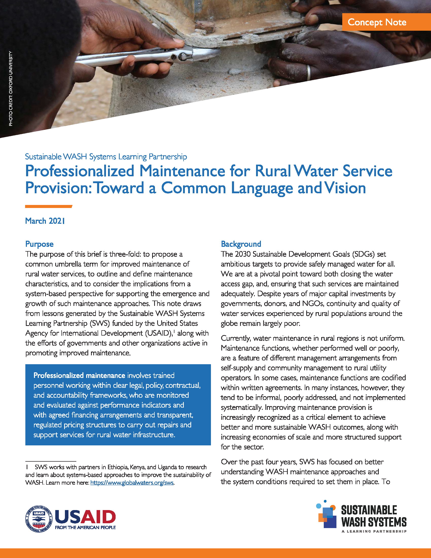 Page de couverture de « Maintenance professionnelle pour la fourniture de services d'eau en milieu rural : vers un langage et une vision communs ».