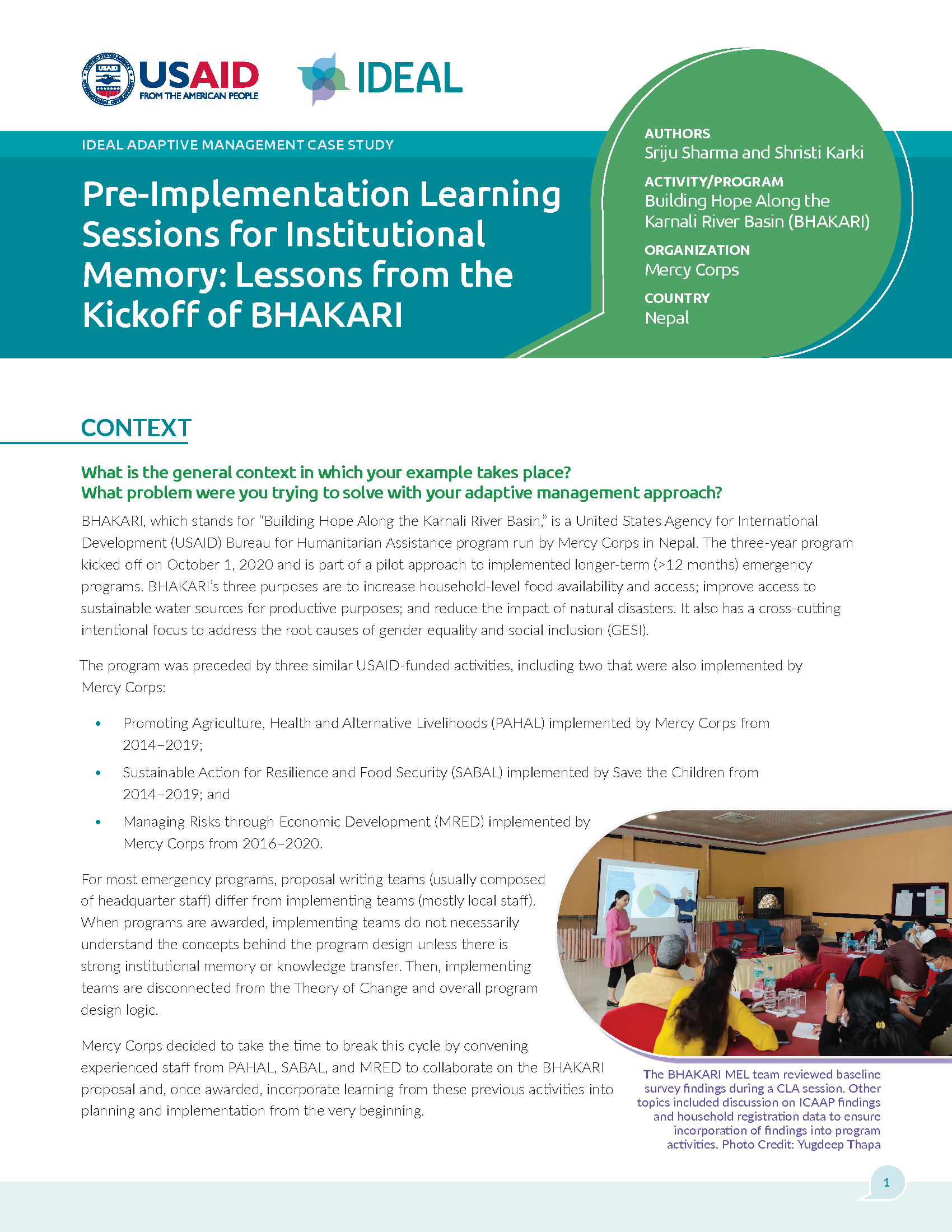 Cover page of Pre-Implementation Learning Sessions for Institutional Memory: Lessons from the Kickoff of BHAKARI document