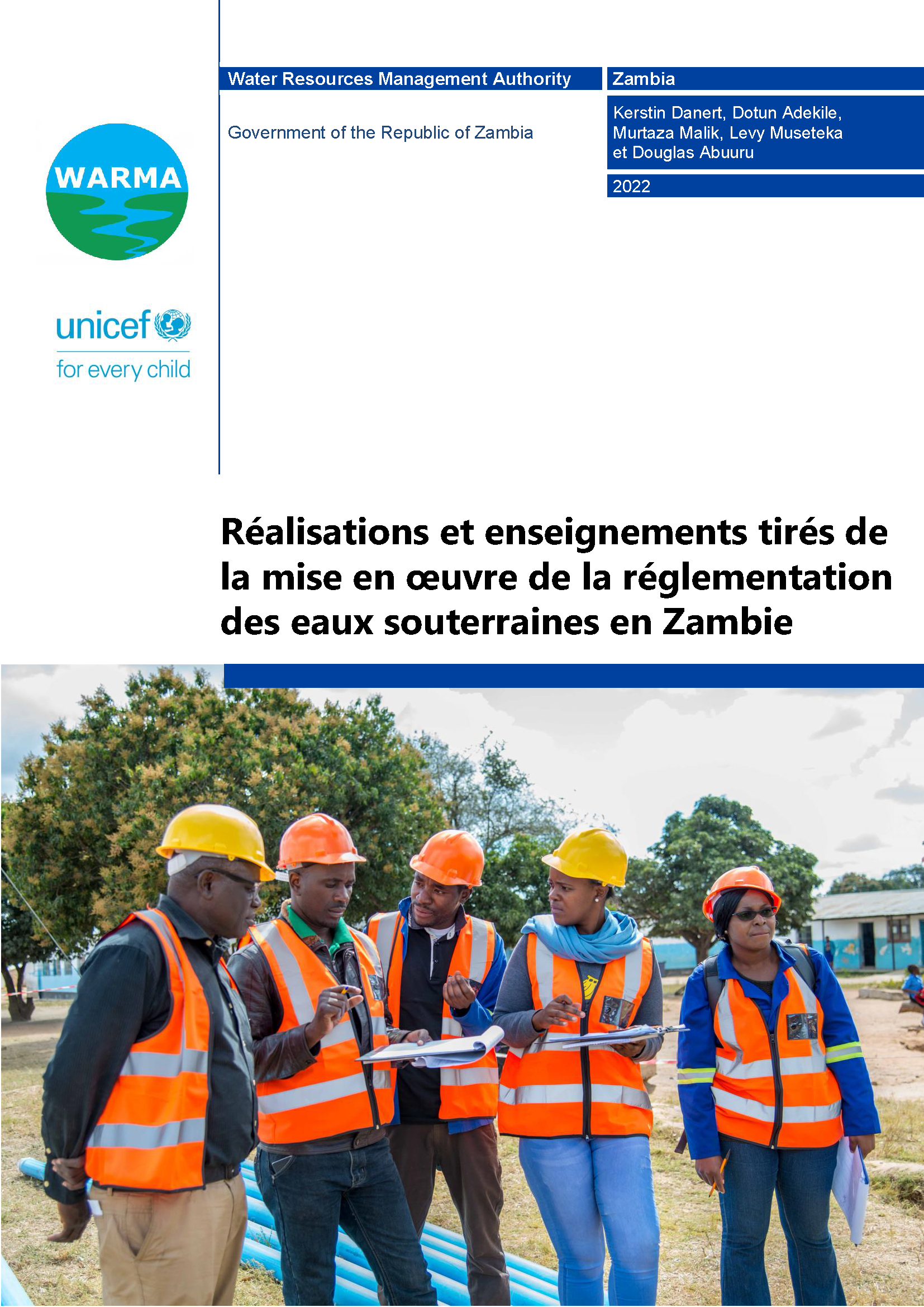 Page de couverture du rapport de Réalisations et Enseignements Tirés de la Mise enOœuvre de la Réglementation des Eaux Souterraines en Zambie