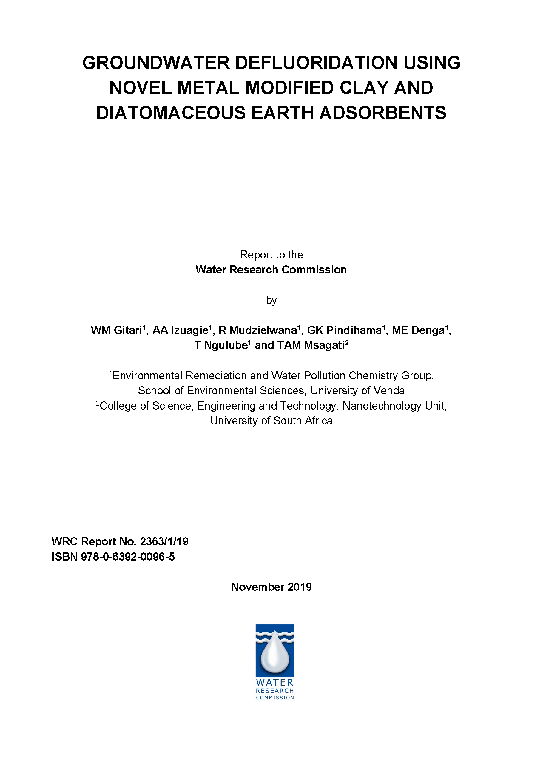 Cover-page for Groundwater Defluoridation Using Novel Metal Modified Clay and Diatomaceous Earth Adsorbents