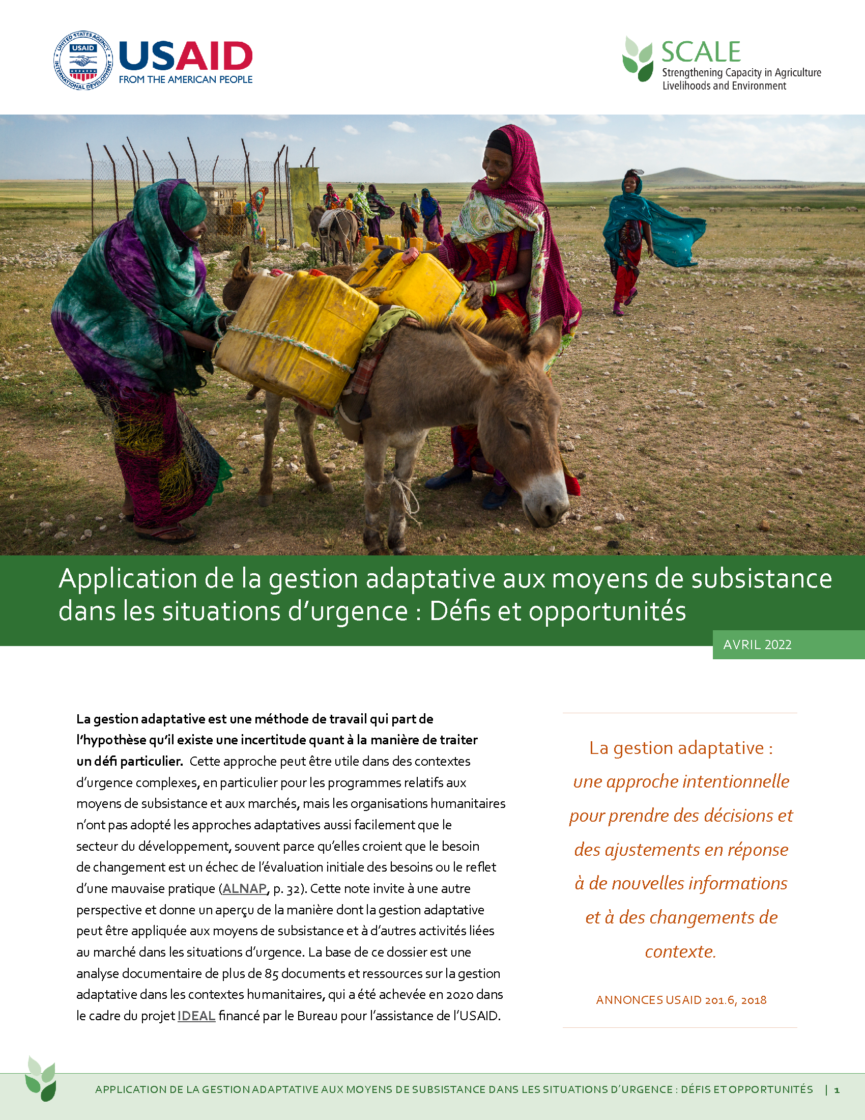 Page de couverture de Application de la gestion adaptative aux moyens de subsistance dans les situations d’urgence : Défis et opportunités