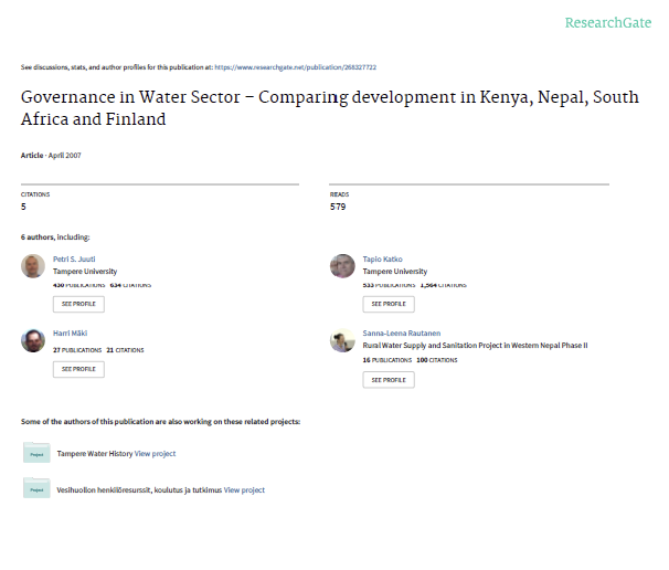 Page de couverture de Gouvernance dans le secteur de l'eau - Comparaison du développement au Kenya, au Népal, en Afrique du Sud et en Finlande