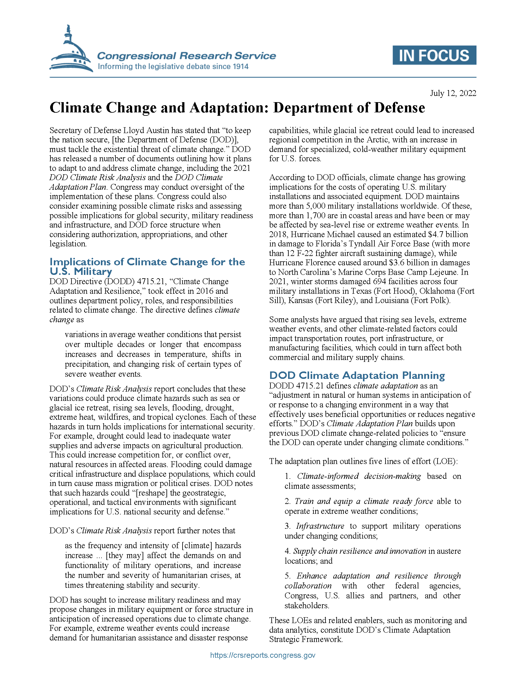 Cover page for Climate Change and Adaptation: Department of Defense