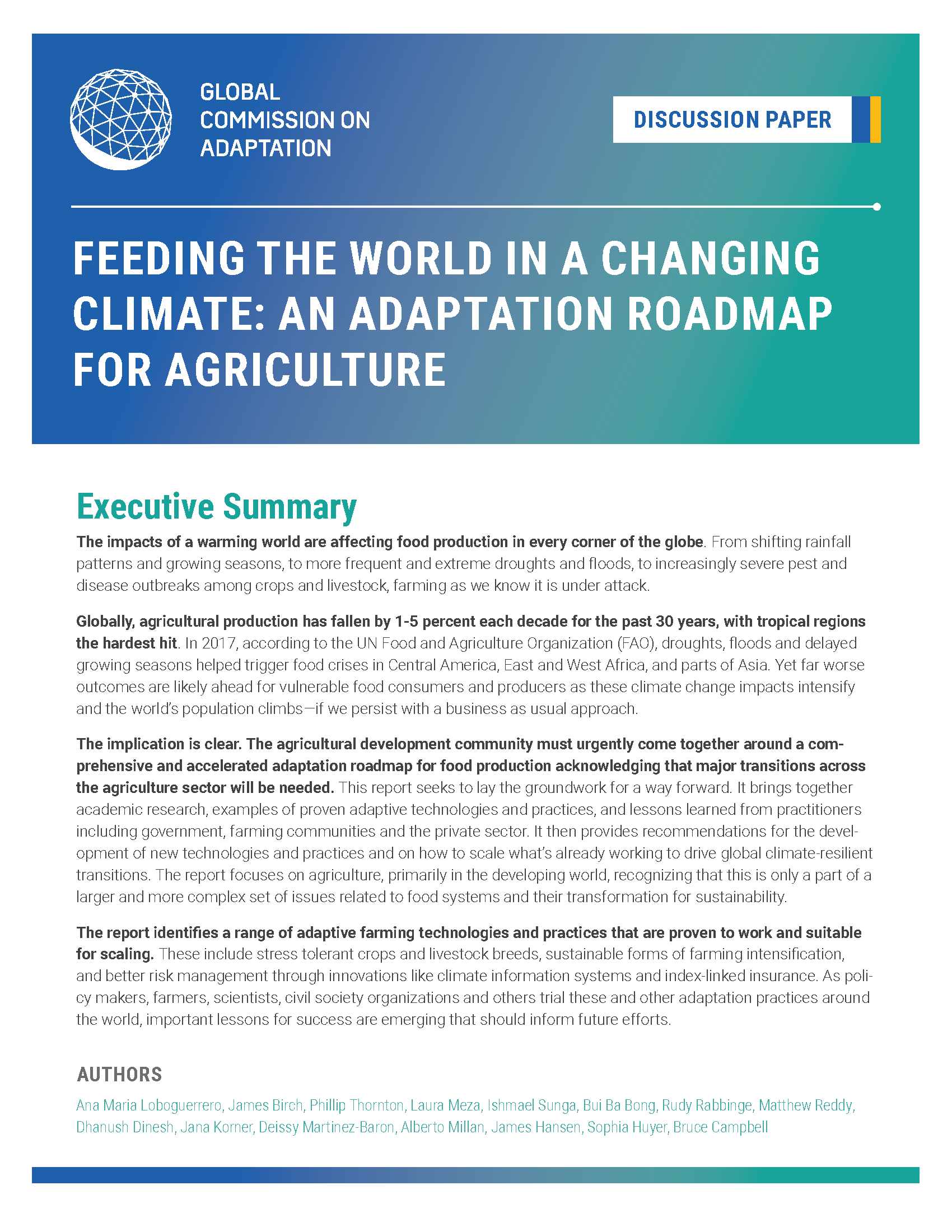 Cover page for Feeding the World in a Changing Climate: An Adaptation Roadmap for Agriculture