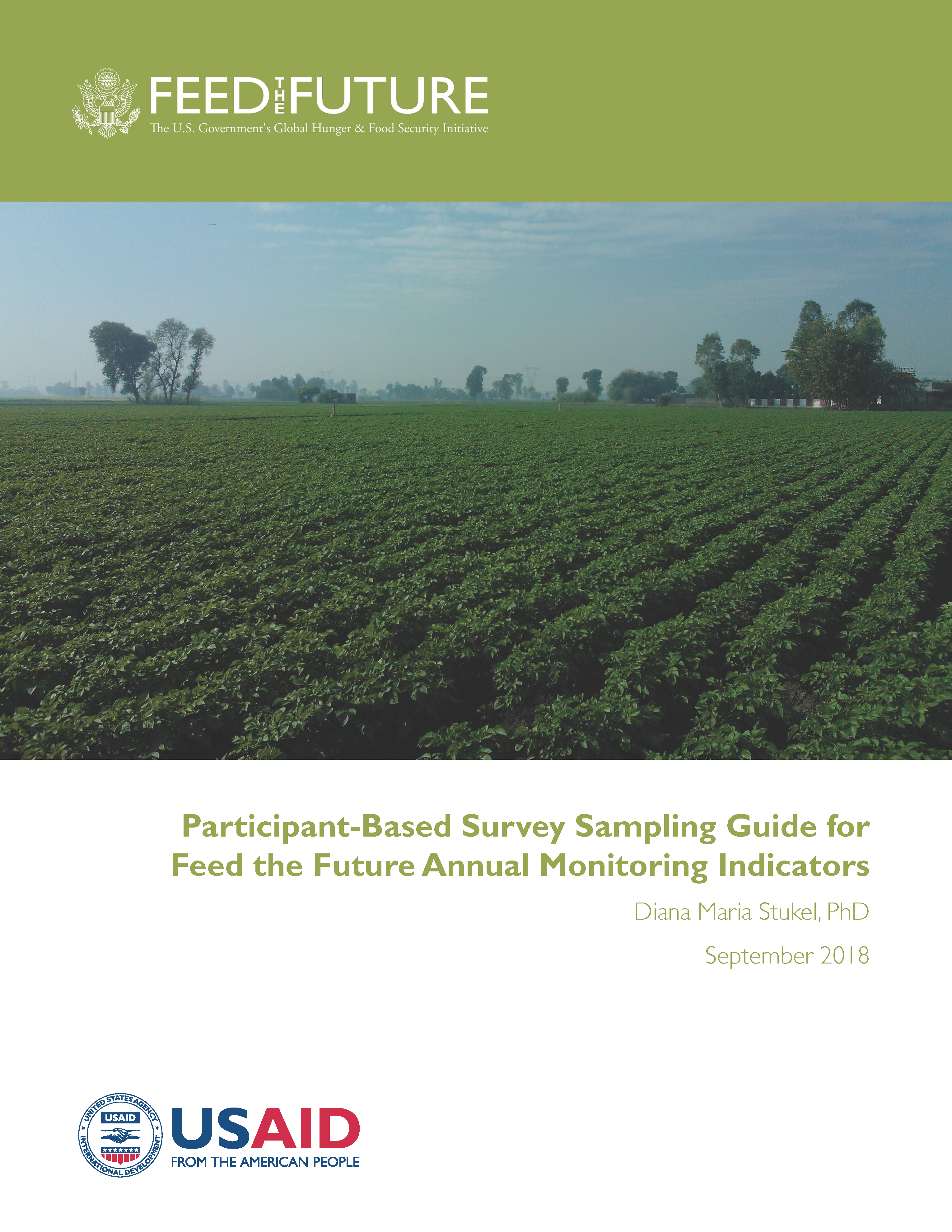 Page de couverture du guide d'échantillonnage des enquêtes basées sur les participants pour les indicateurs de suivi annuels Feed the Future