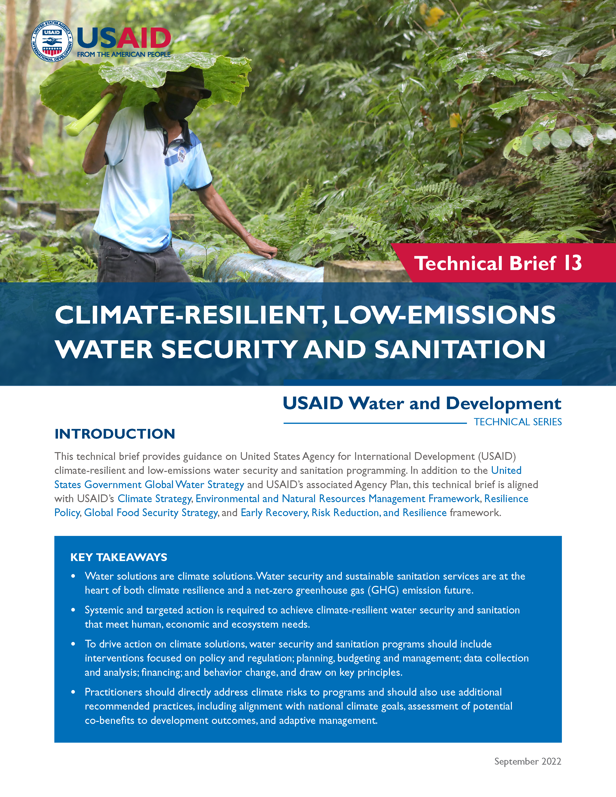 Cover page for Climate-Resilient, Low Emissions Water Security and Sanitation Technical Brief