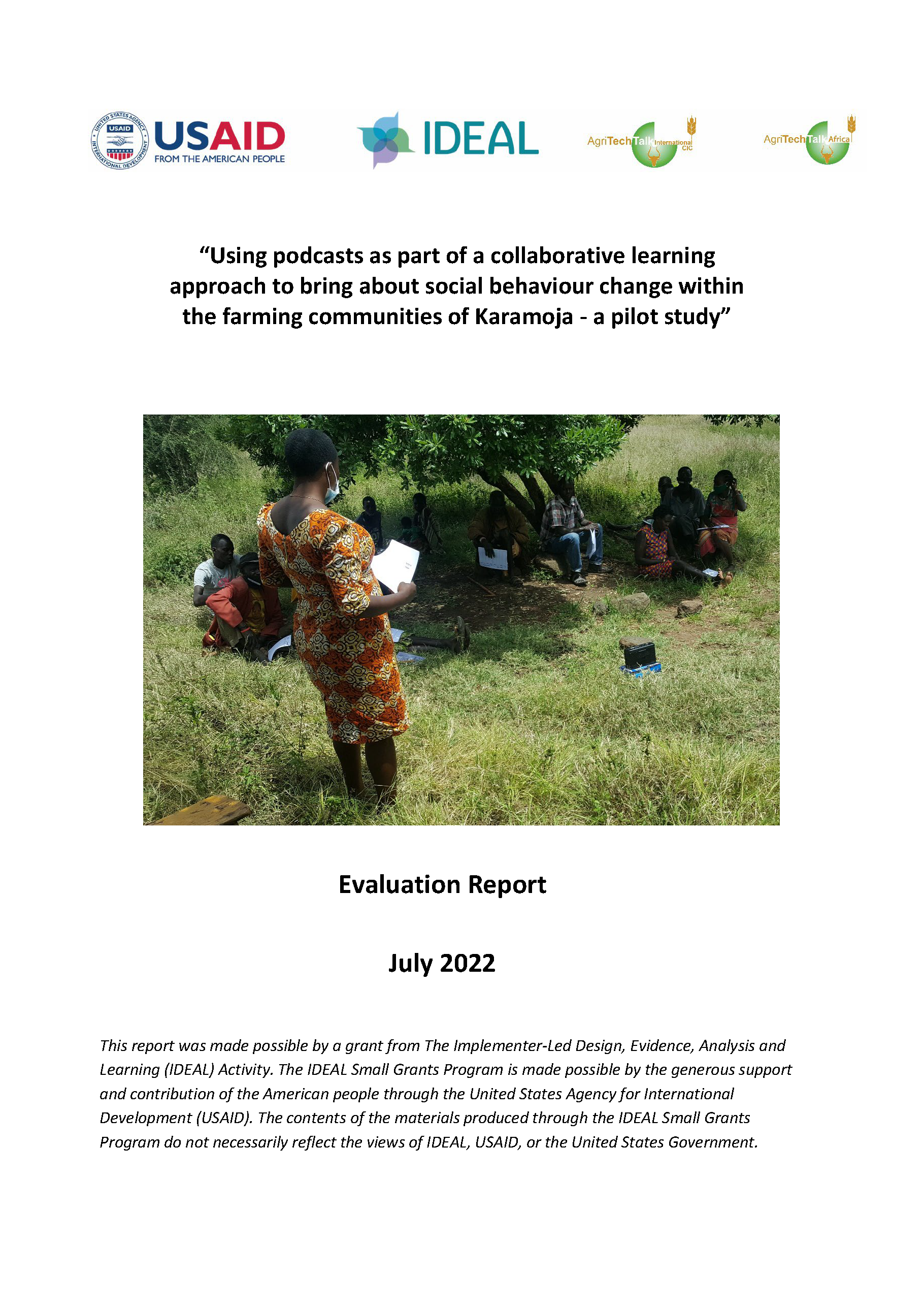 Cover page for “Final Evaluation Report: Using podcasts as part of a collaborative learning approach to bring about Social and Behaviour Change within the farming communities of Karamoja