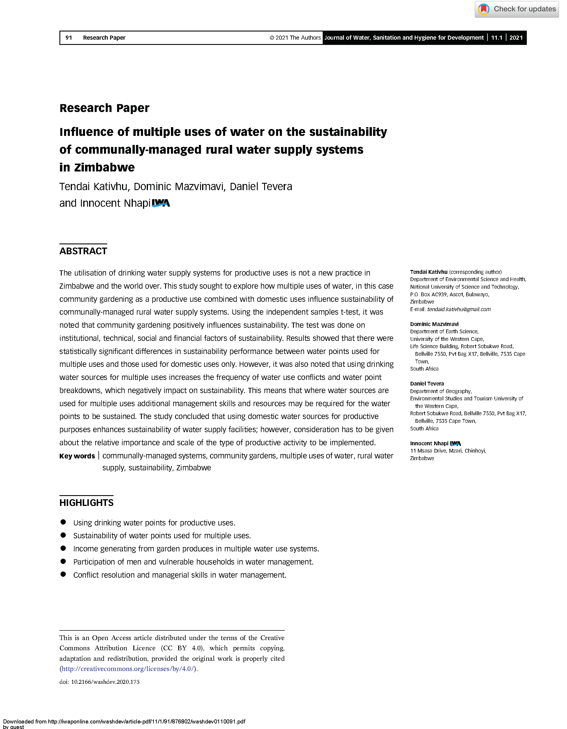 Cover for Influence of multiple uses of water on the sustainability of communally-managed rural water supply systems in Zimbabwe