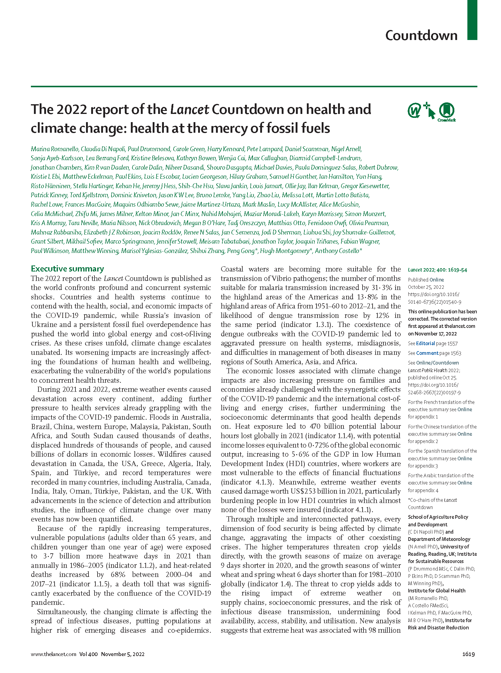 Cover page for The 2022 Report of the Lancet Countdown on Health and Climate Change: Health at the mercy of fossil fuels