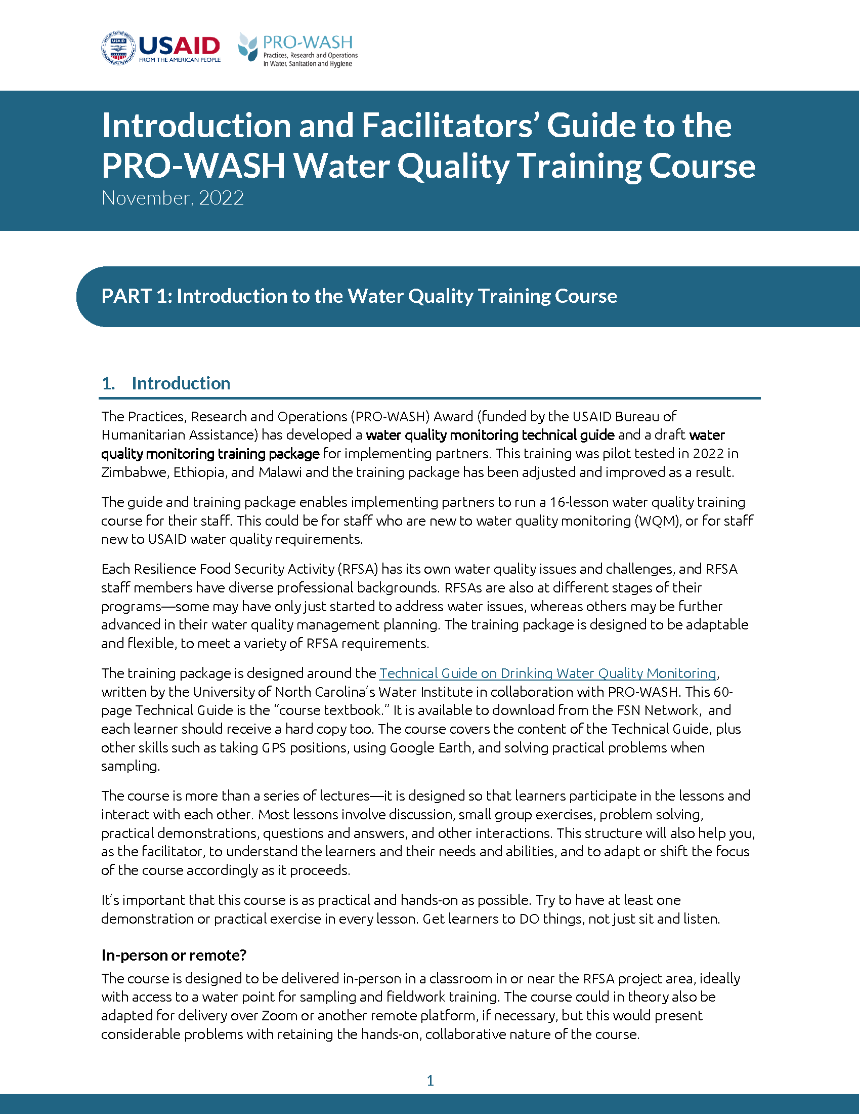 Cover page for PRO-WASH Water Quality Training Course