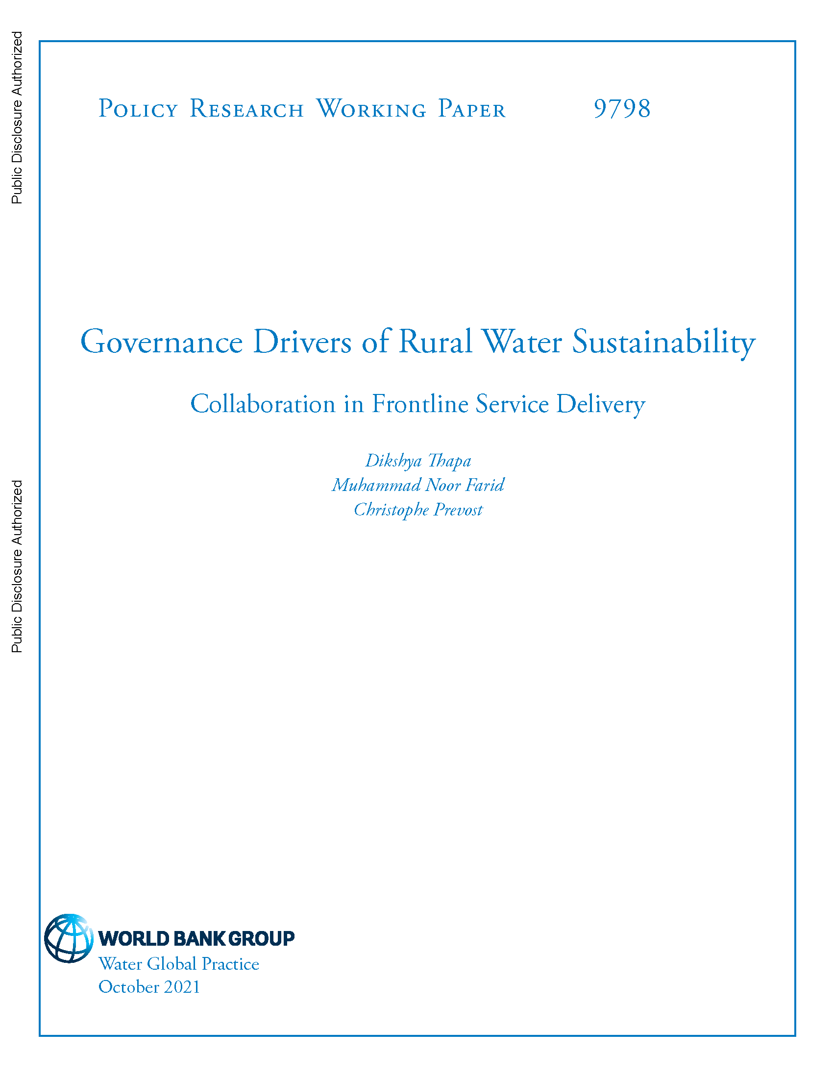 Cover page for Governance Drivers of Rural Water Sustainability: Collaboration in Frontline Service Delivery