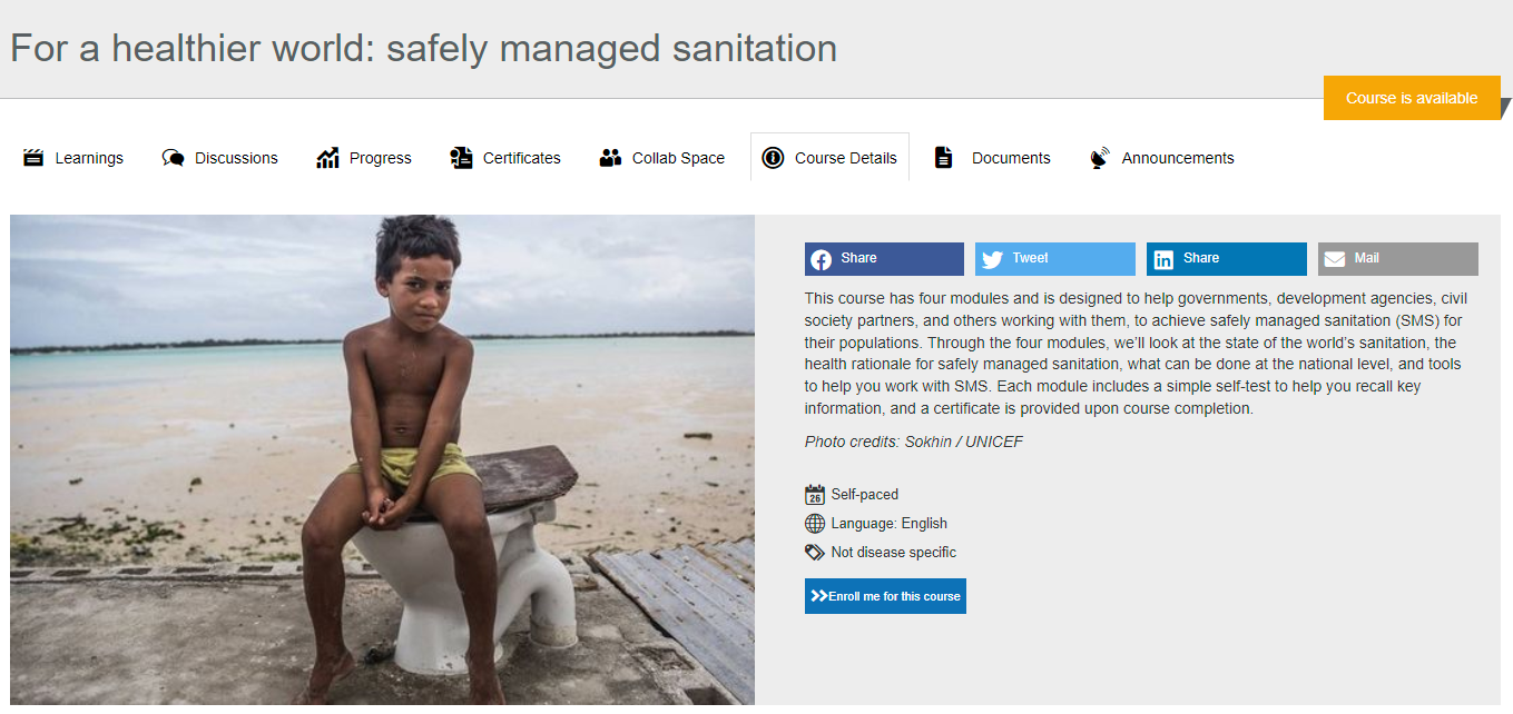Screenshot of the Safely Managed Sanitation Course, featuring a photo of a young child sitting on a beach.