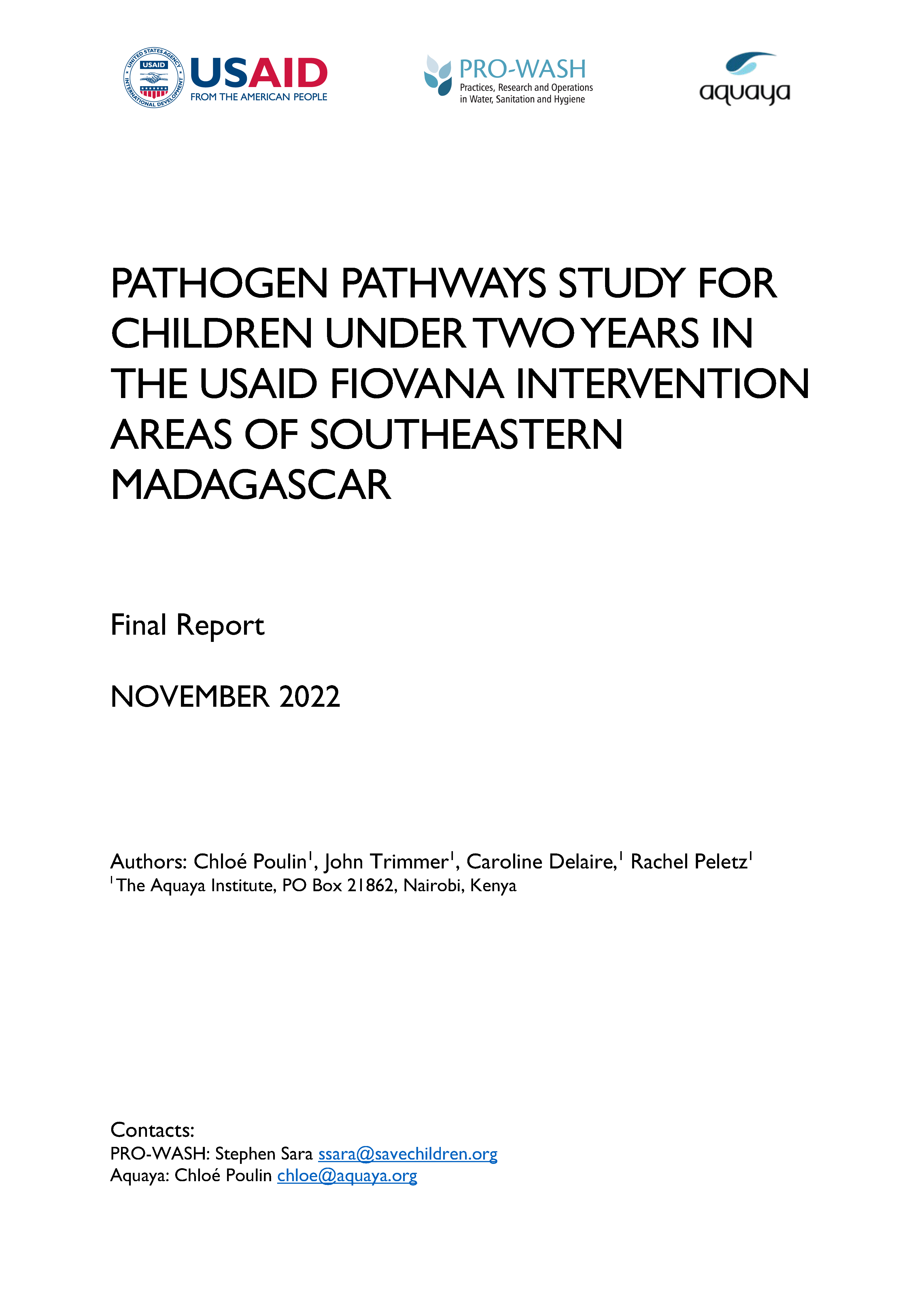 Cover page for Pathogen Pathways Study for Children Under Two Years in the USAID FIOVANA Intervention Areas of Southeastern Madagascar