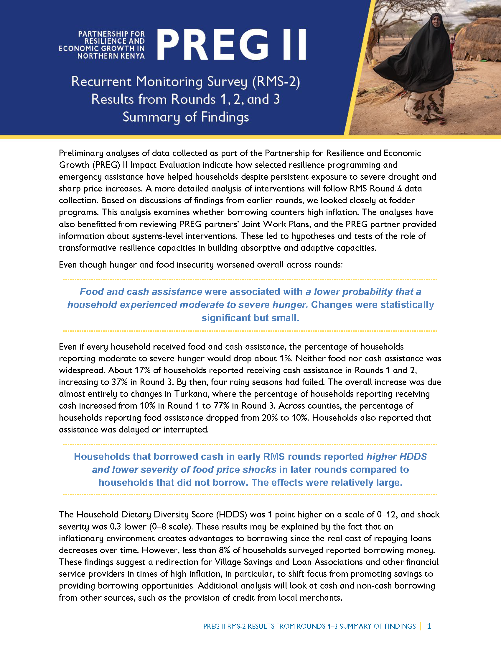 Page de couverture du rapport - Partenariat pour la résilience et la croissance économique dans le nord du Kenya : PREG II Recurrent Monitoring Survey (RMS-2) Results from Rounds 1, 2, and 3 - Summary of Findings