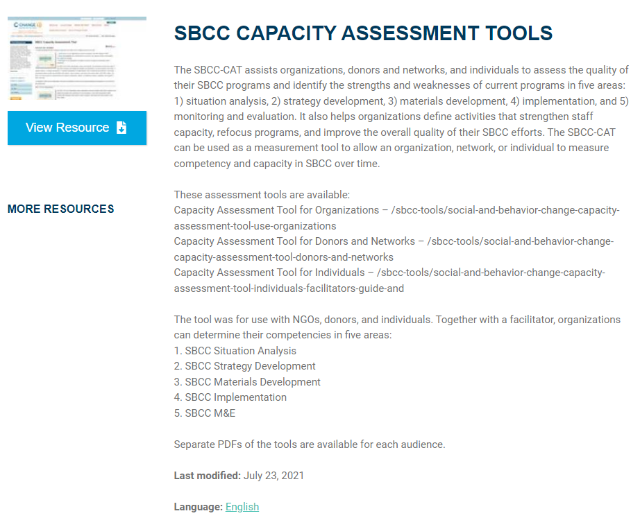 Capture d'écran du site Web des outils d'évaluation des capacités du CSC