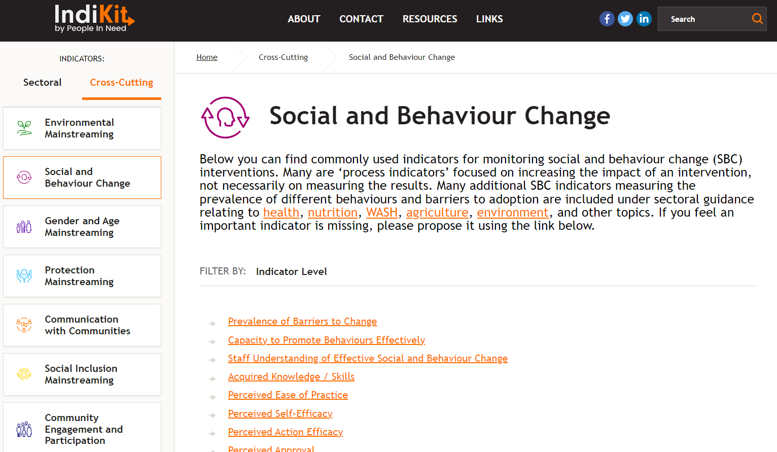 Capture d'écran de la page d'accueil des indicateurs de changement social et comportemental