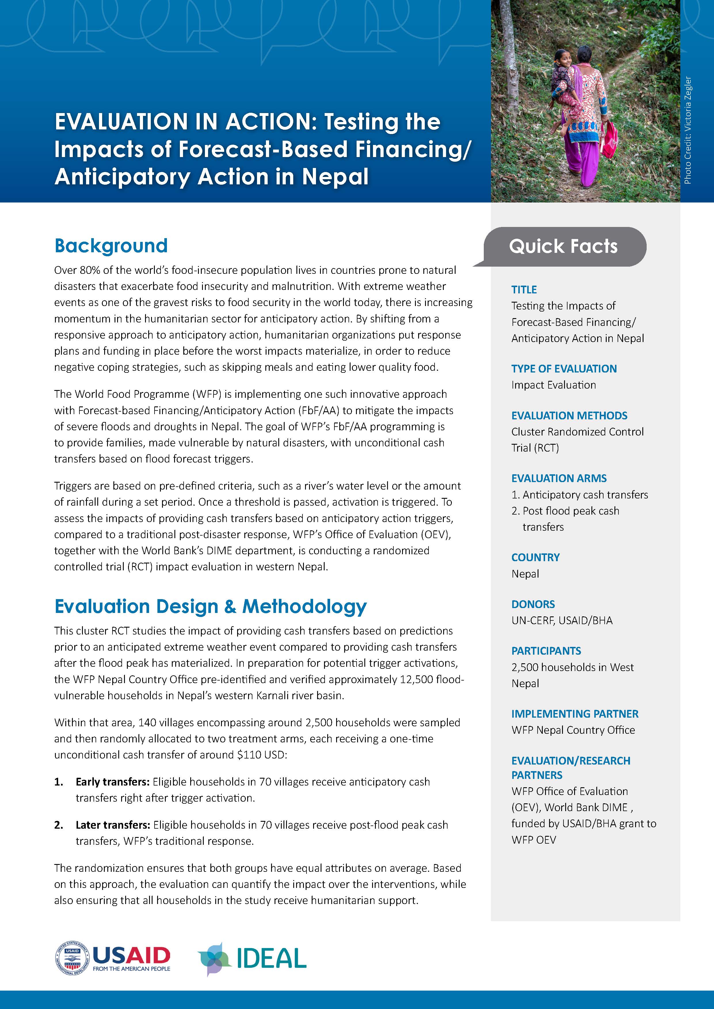 Coverage image for the Evaluation in Action Brief is the first page of the two page brief, shows a preview, with the header including a picture of a woman and child in Nepal