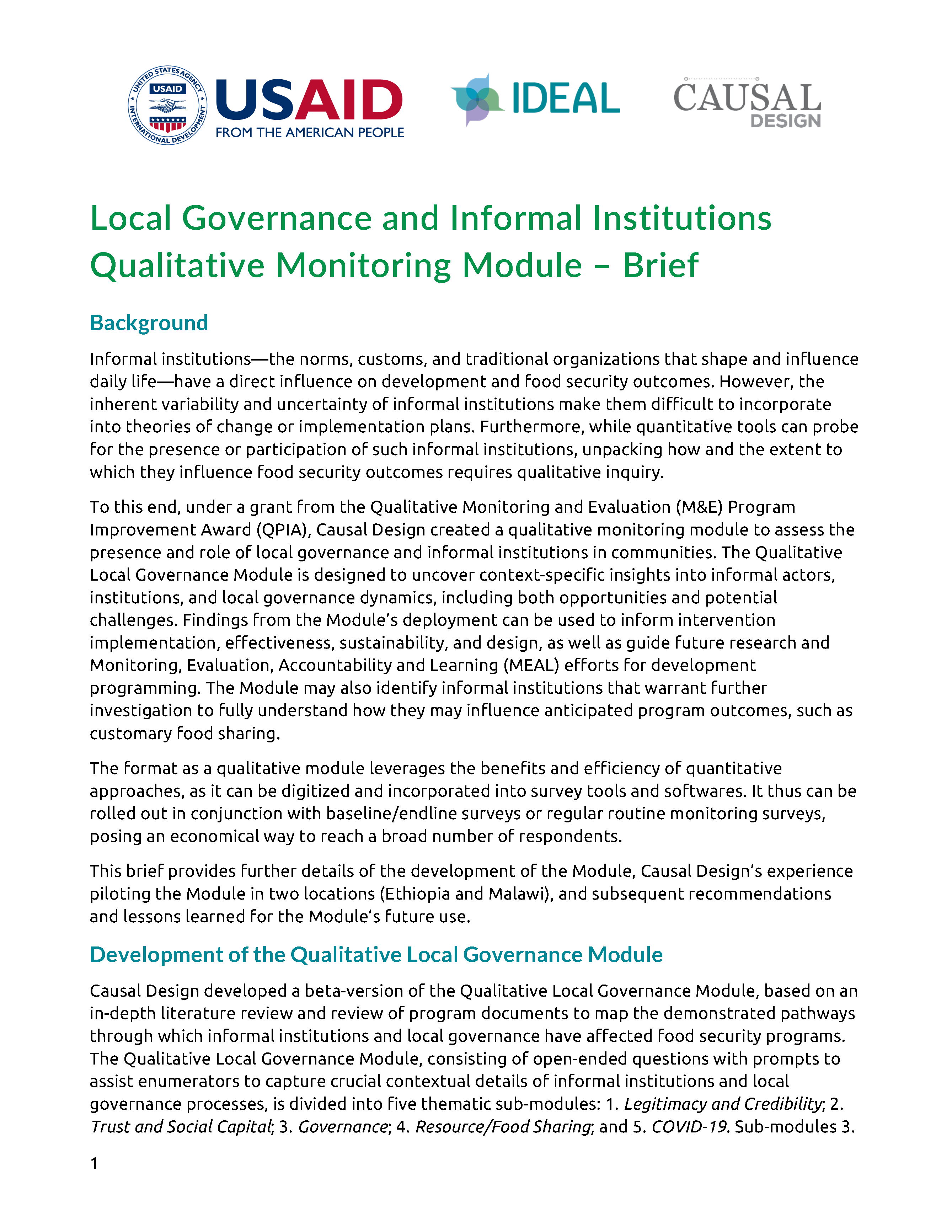 Cover page for Local Governance and Informal Institutions Qualitative Monitoring Module – Brief