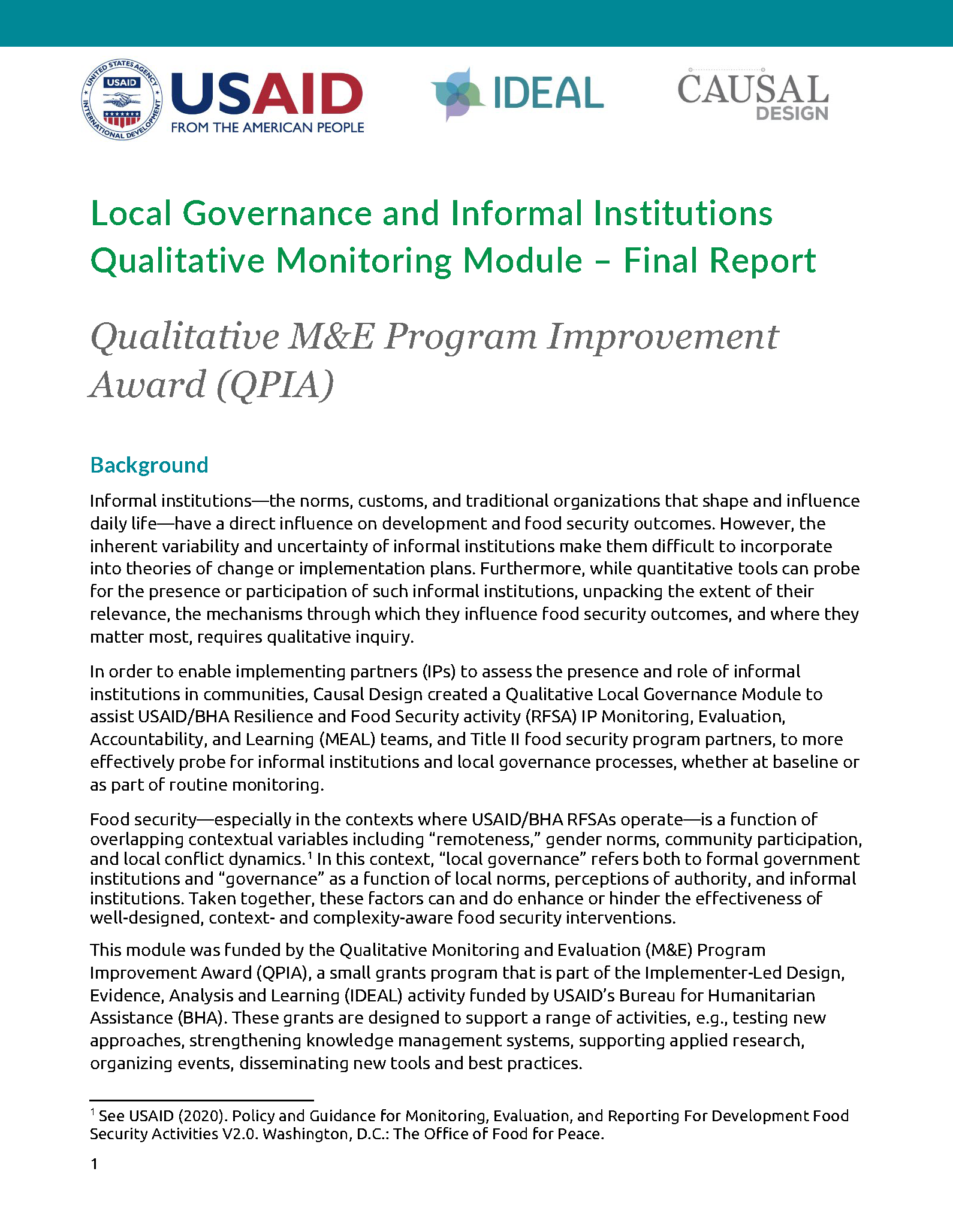 Page de couverture du module de suivi qualitatif de la gouvernance locale et des institutions informelles - Rapport final