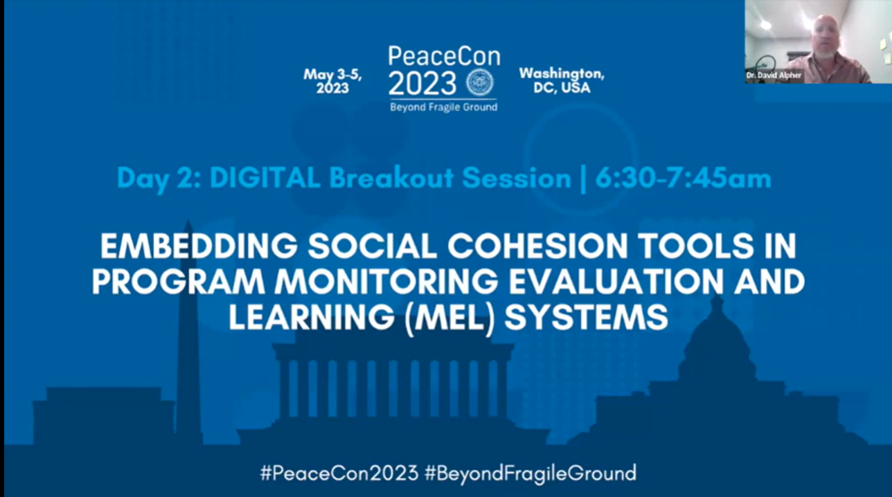 Capture d'écran de la diapositive d'ouverture pour l'intégration des outils de cohésion sociale dans les systèmes de suivi, d'évaluation et d'apprentissage des programmes