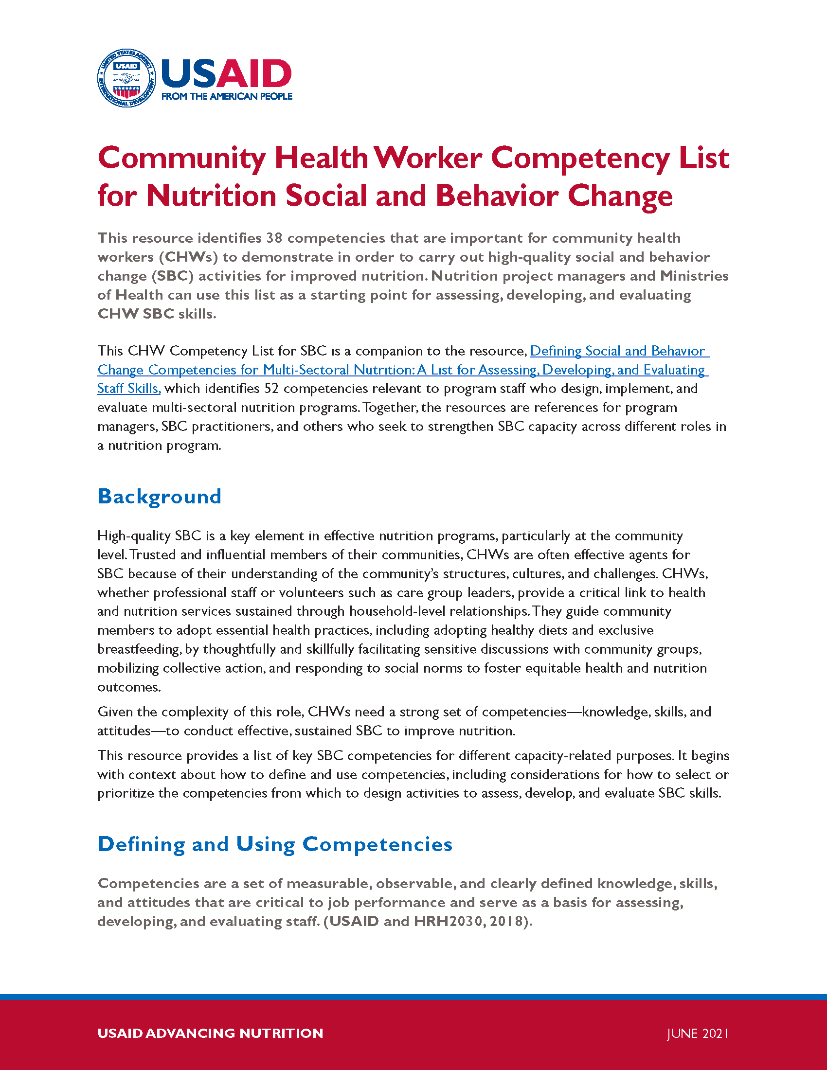 Page de couverture de la Liste de compétences des agents de santé communautaire en matière de nutrition, de changement social et de comportement