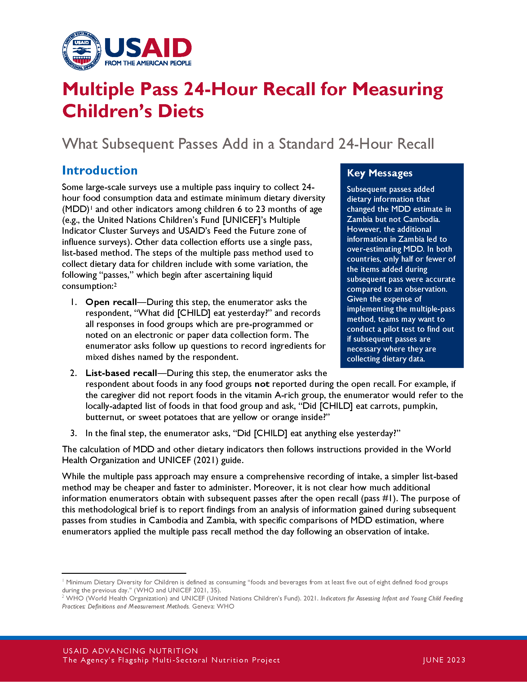 Cover page for Multiple Pass 24-Hour Recall for Measuring Children’s Diets