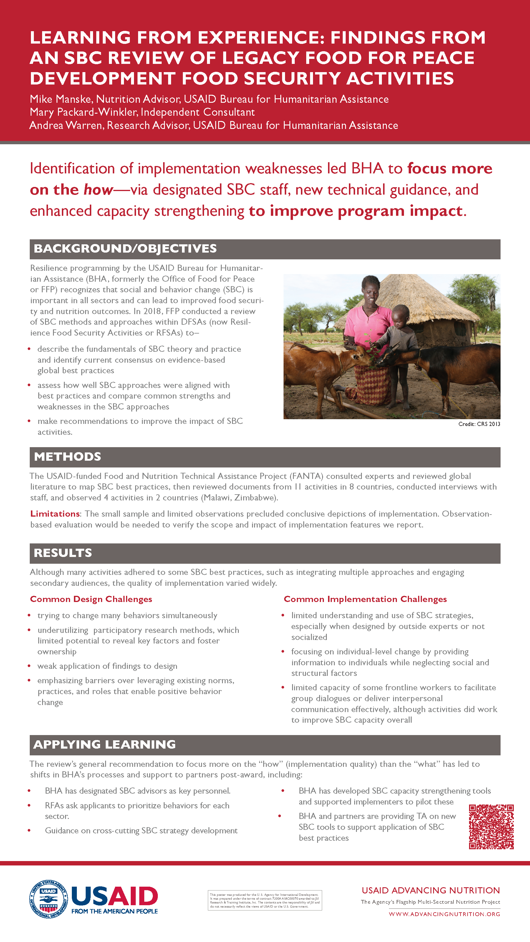 Page de couverture pour Apprendre de l'expérience : résultats d'un examen par le SBC des activités de développement de l'USAID en matière de sécurité alimentaire