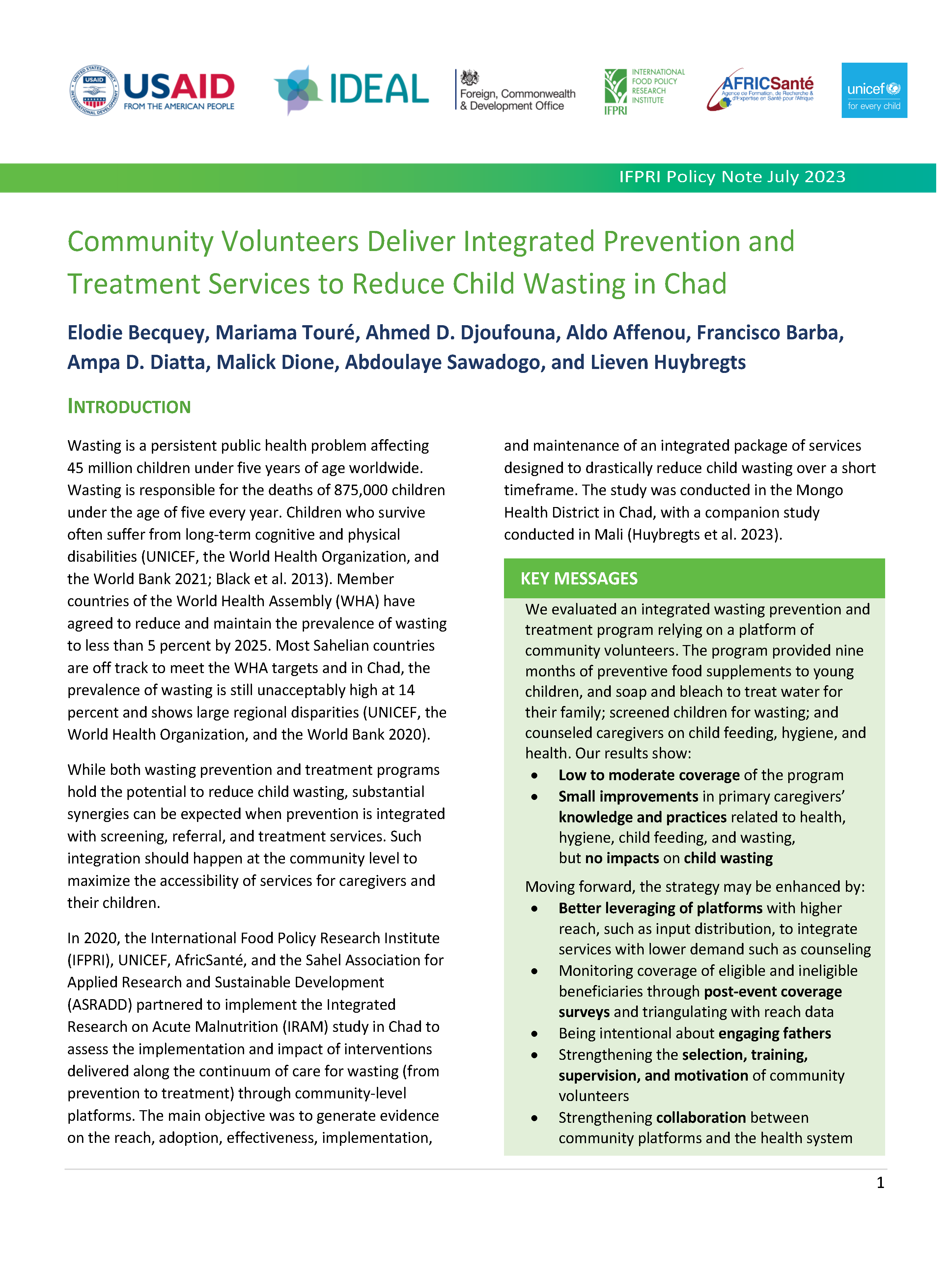 Cover page for Community Volunteers Deliver Integrated Prevention and Treatment Services to Reduce Child Wasting in Chad