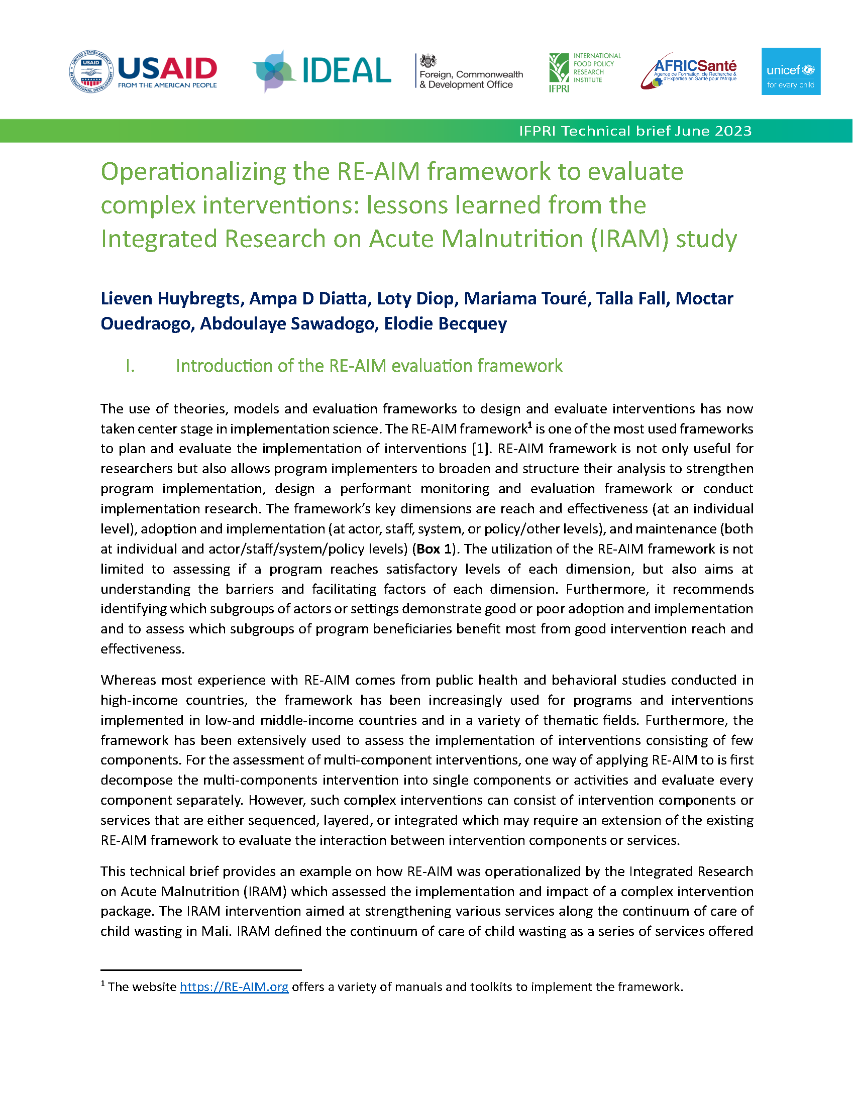Cover page for Operationalizing the RE-AIM Framework to Evaluate Complex Intervention Interventions: Lessons Learned From the Integrated Research on Acute Malnutrition (IRAM) Study