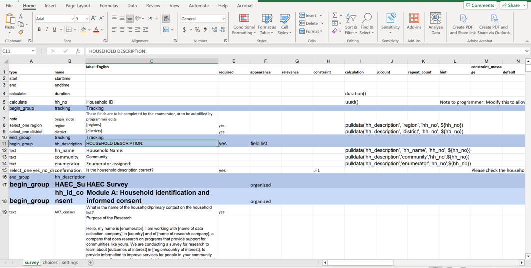 Aperçu du fichier Excel contenant des modèles de questions d'enquête