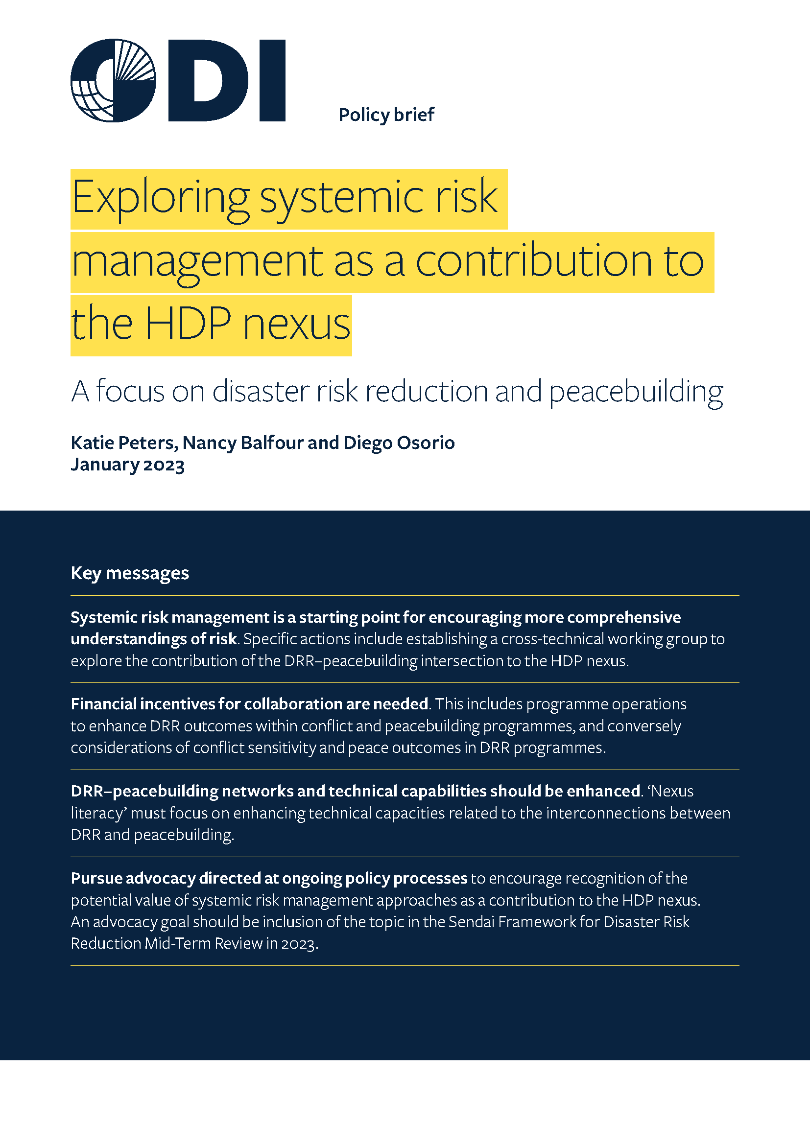 Page de couverture pour Explorer la gestion des risques systémiques en tant que contribution au HDP Nexus
