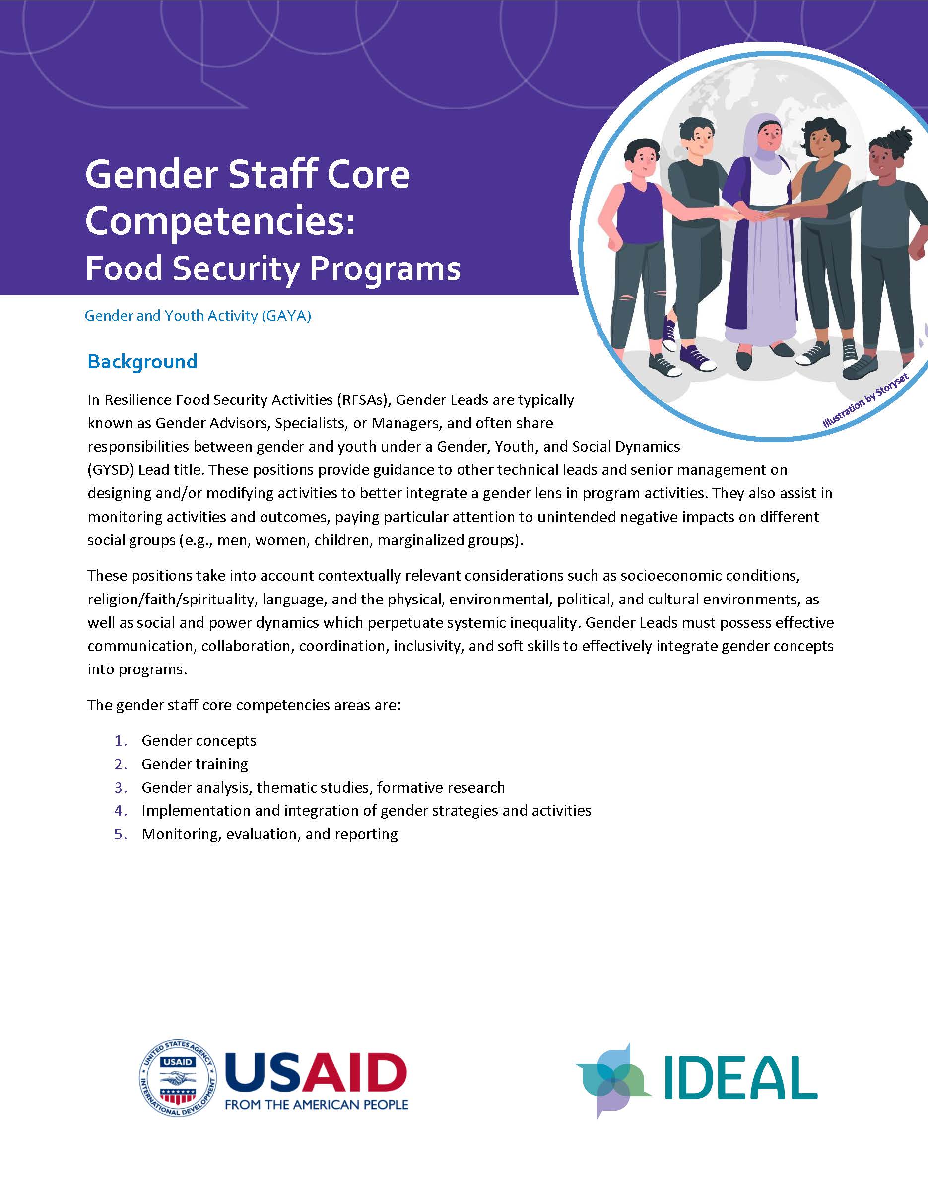 Page de couverture du rapport, intitulée « Compétences de base du personnel en matière d'égalité des sexes : programmes de sécurité alimentaire » avec un graphique représentant cinq personnes debout devant un globe. L'autre texte de la page n'est pas visible.