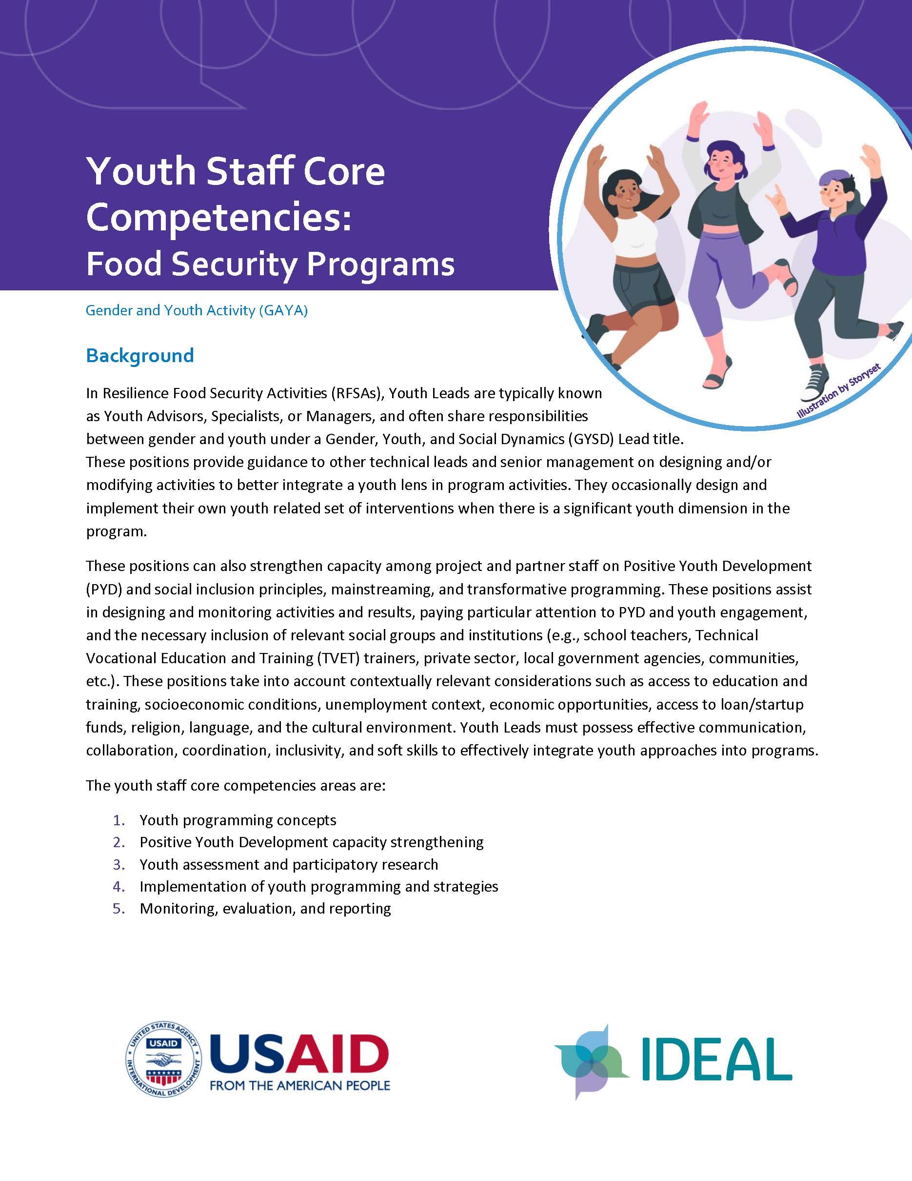Page de couverture du rapport, intitulée « Compétences de base du personnel de jeunesse : programmes de sécurité alimentaire » avec un graphique représentant trois personnes sautant. L'autre texte de la page n'est pas visible.