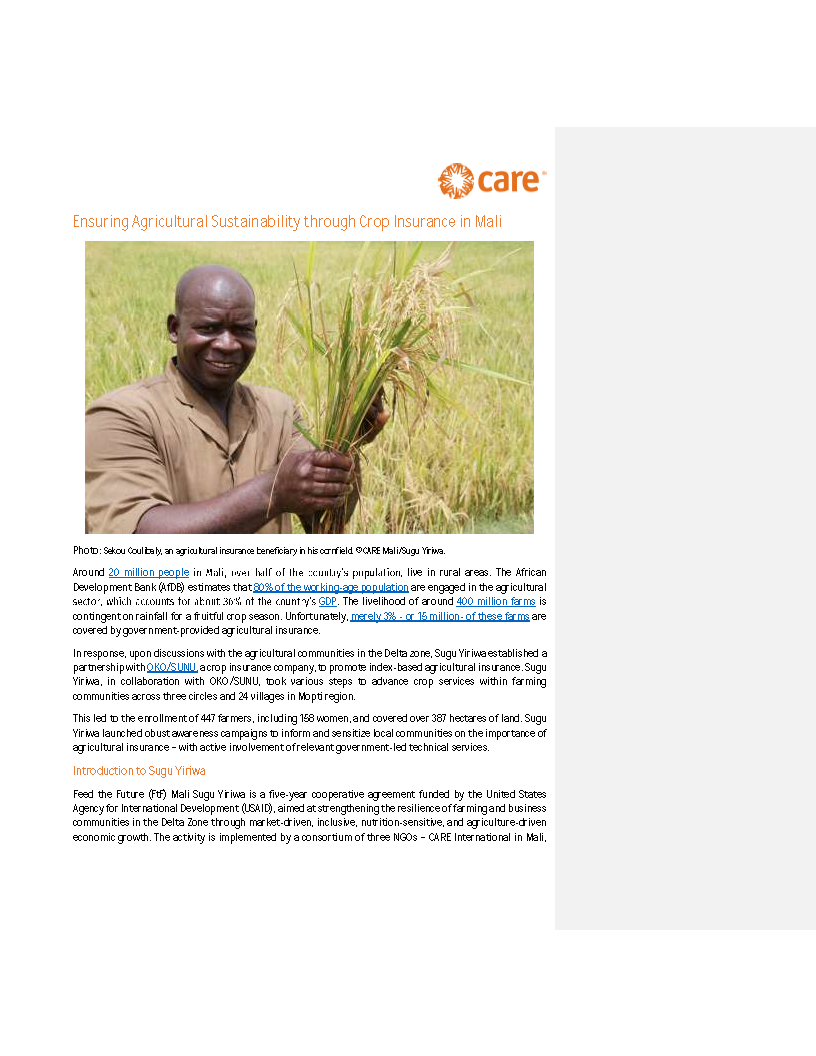 Cover page for Ensuring Agricultural Sustainability Through Crop Insurance in Mali