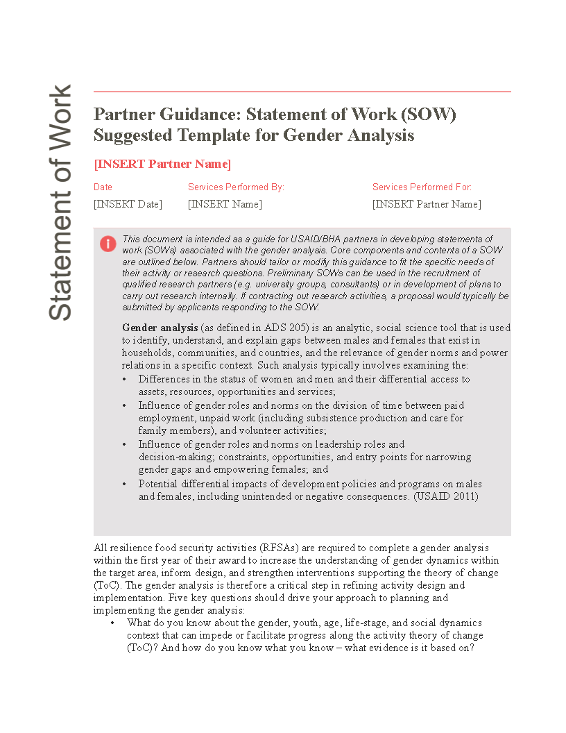 Cover page for Partner Guidance: Statement of Work Suggested Template for Gender Analysis