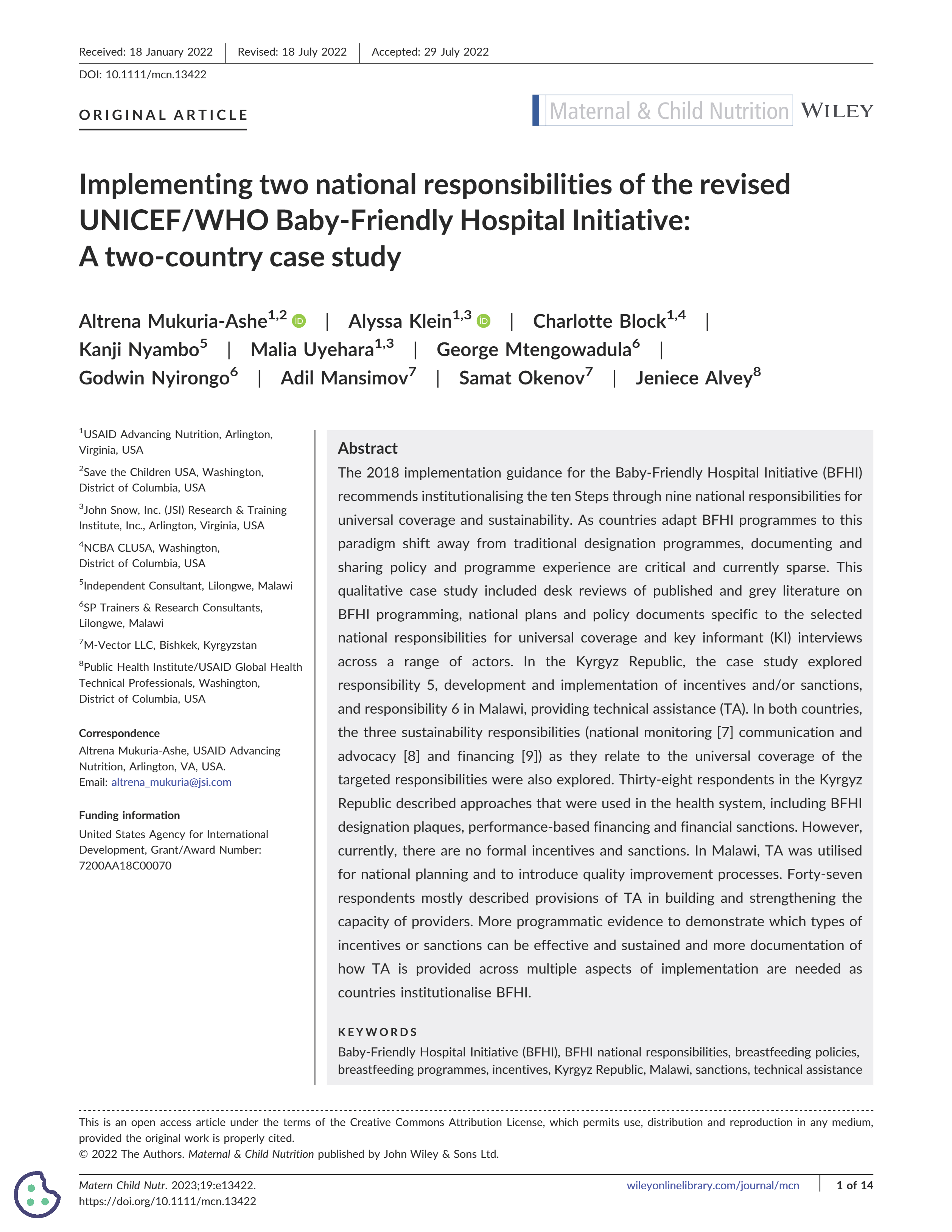 Cover page for Implementing Two National Responsibilities of the Revised UNICEF/WHO Baby‐Friendly Hospital Initiative: A Two‐Country Case Study